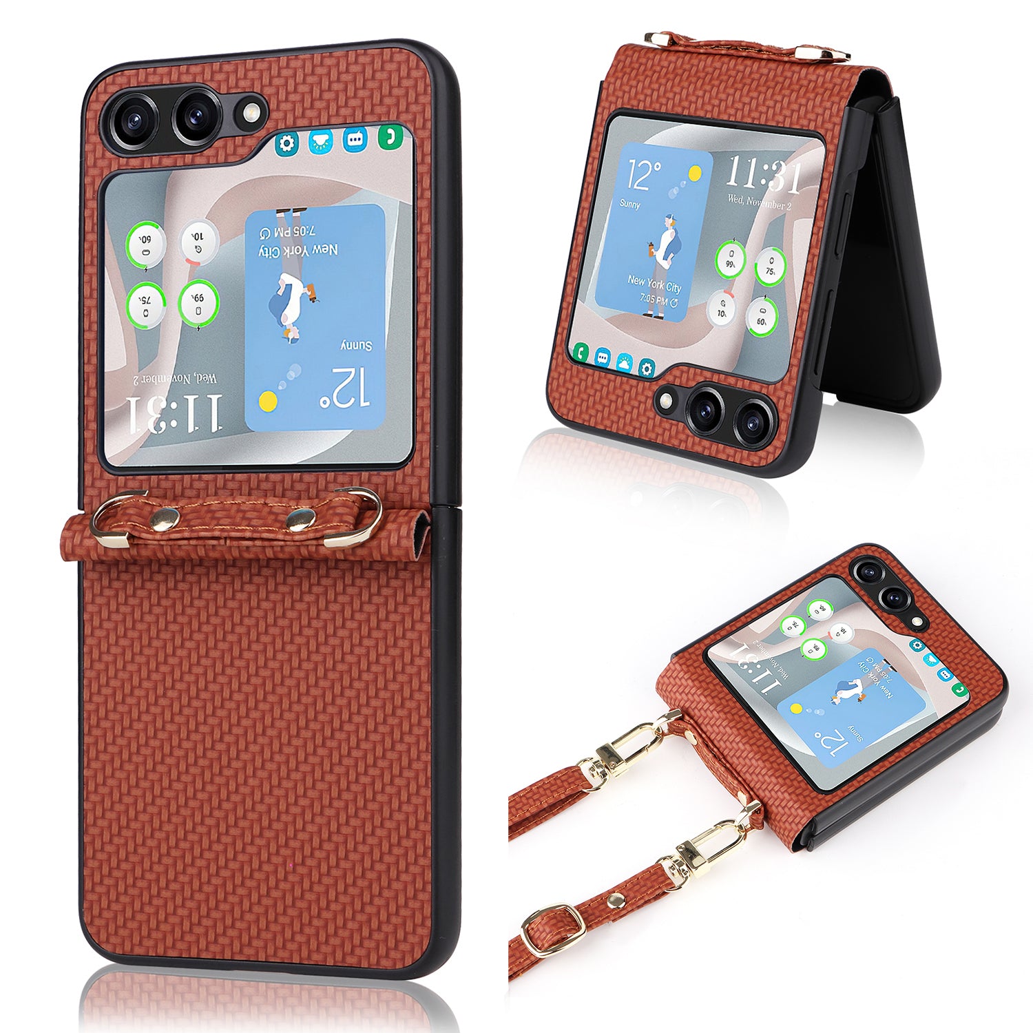 Woven Texture Phone Cover for Samsung Galaxy Z Flip5 5G Anti-Scratch PU PC Phone Case with Adjustable Lanyard