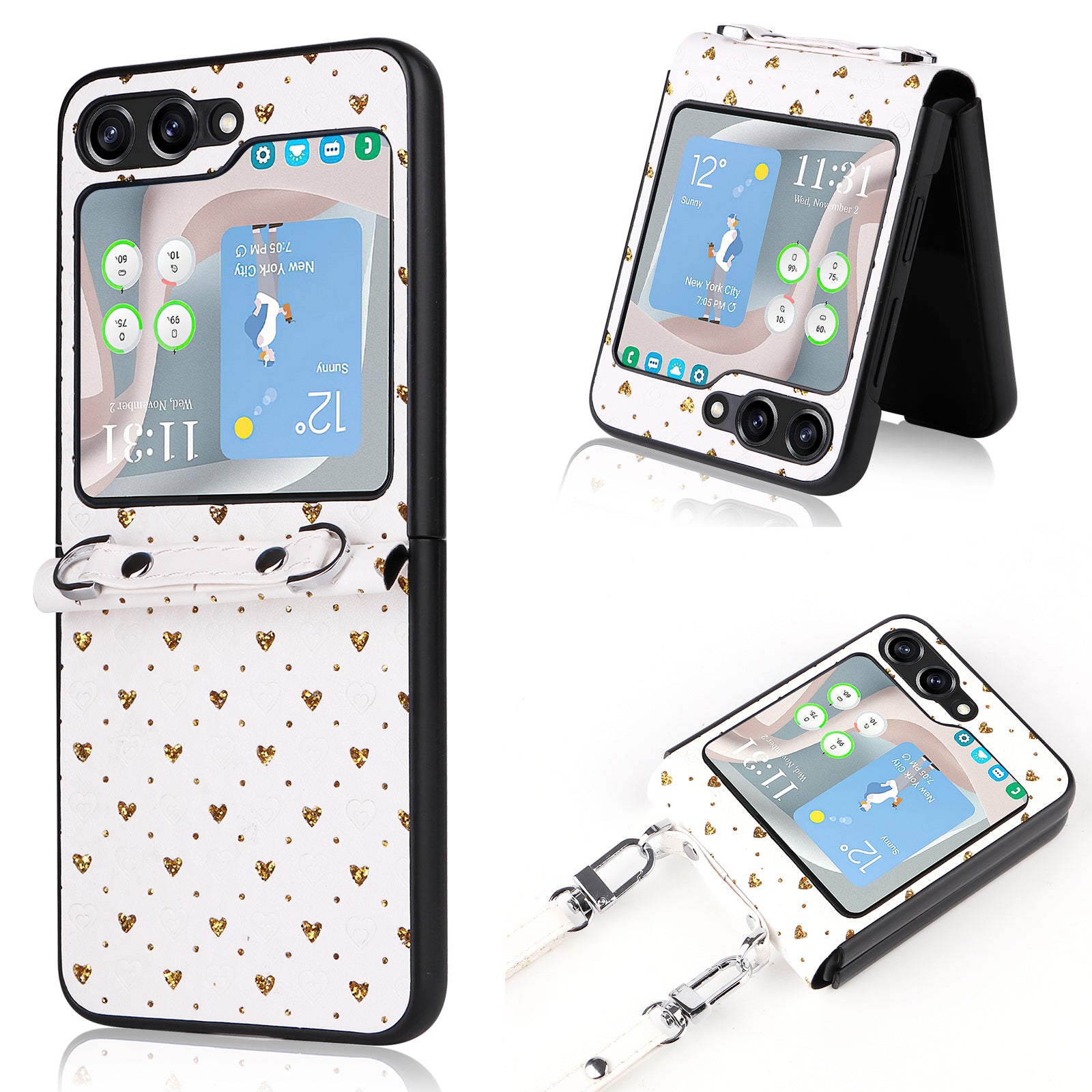 For Samsung Galaxy Z Flip5 5G Anti-Scratch PU PC Phone Case Multiple Heart Shapes Phone Cover with Strap