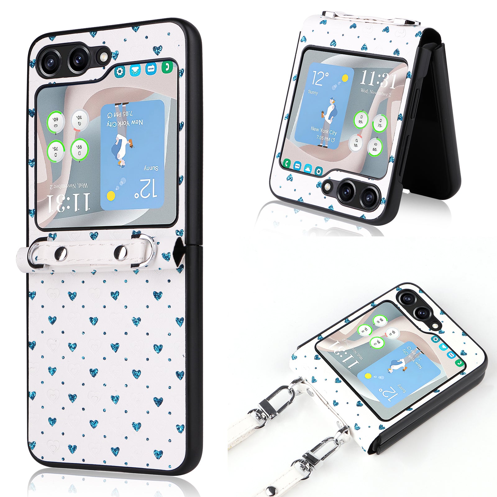 For Samsung Galaxy Z Flip5 5G Anti-Scratch PU PC Phone Case Multiple Heart Shapes Phone Cover with Strap