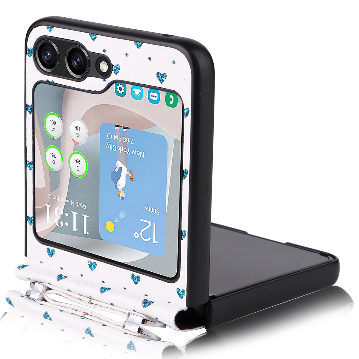 For Samsung Galaxy Z Flip5 5G Anti-Scratch PU PC Phone Case Multiple Heart Shapes Phone Cover with Strap