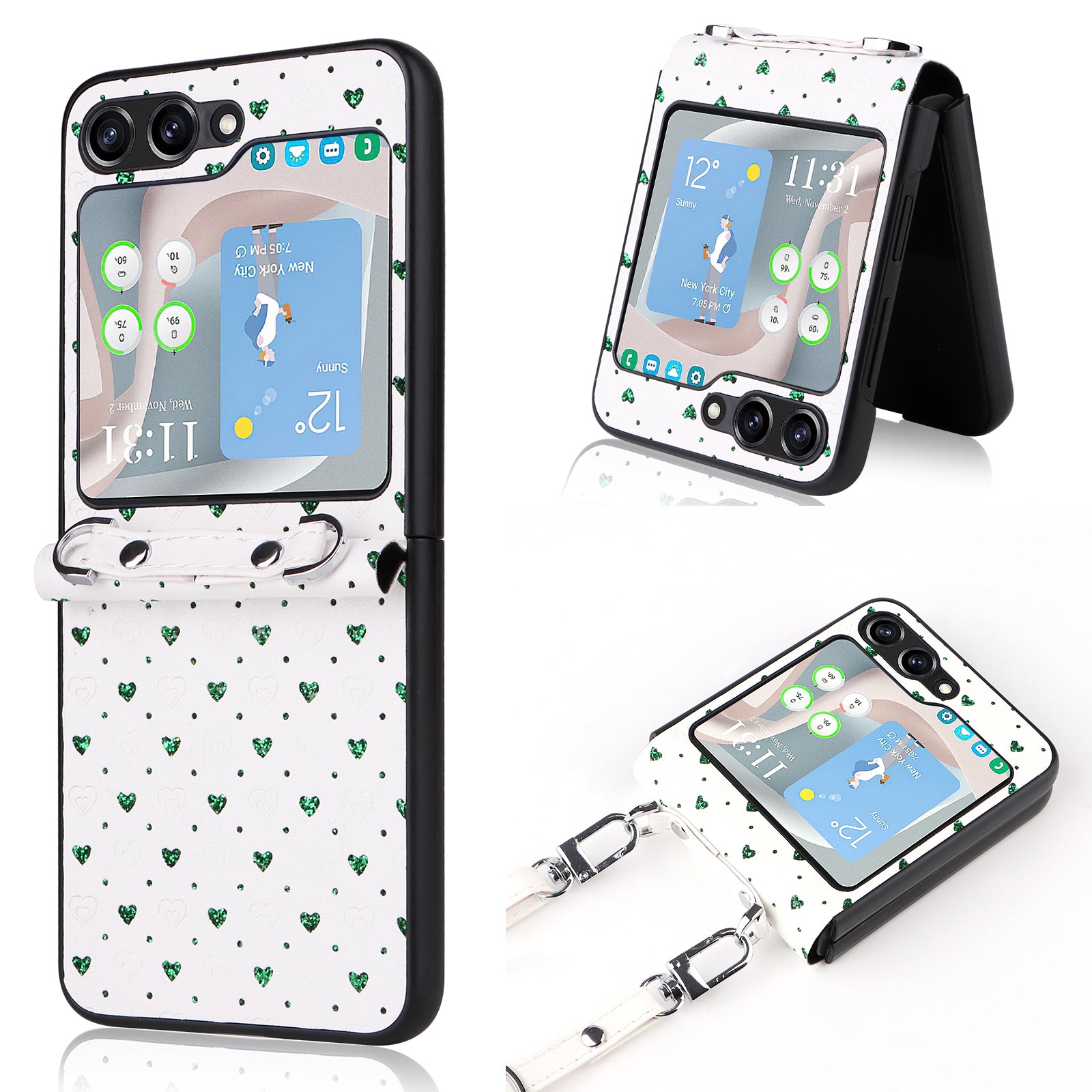 For Samsung Galaxy Z Flip5 5G Anti-Scratch PU PC Phone Case Multiple Heart Shapes Phone Cover with Strap