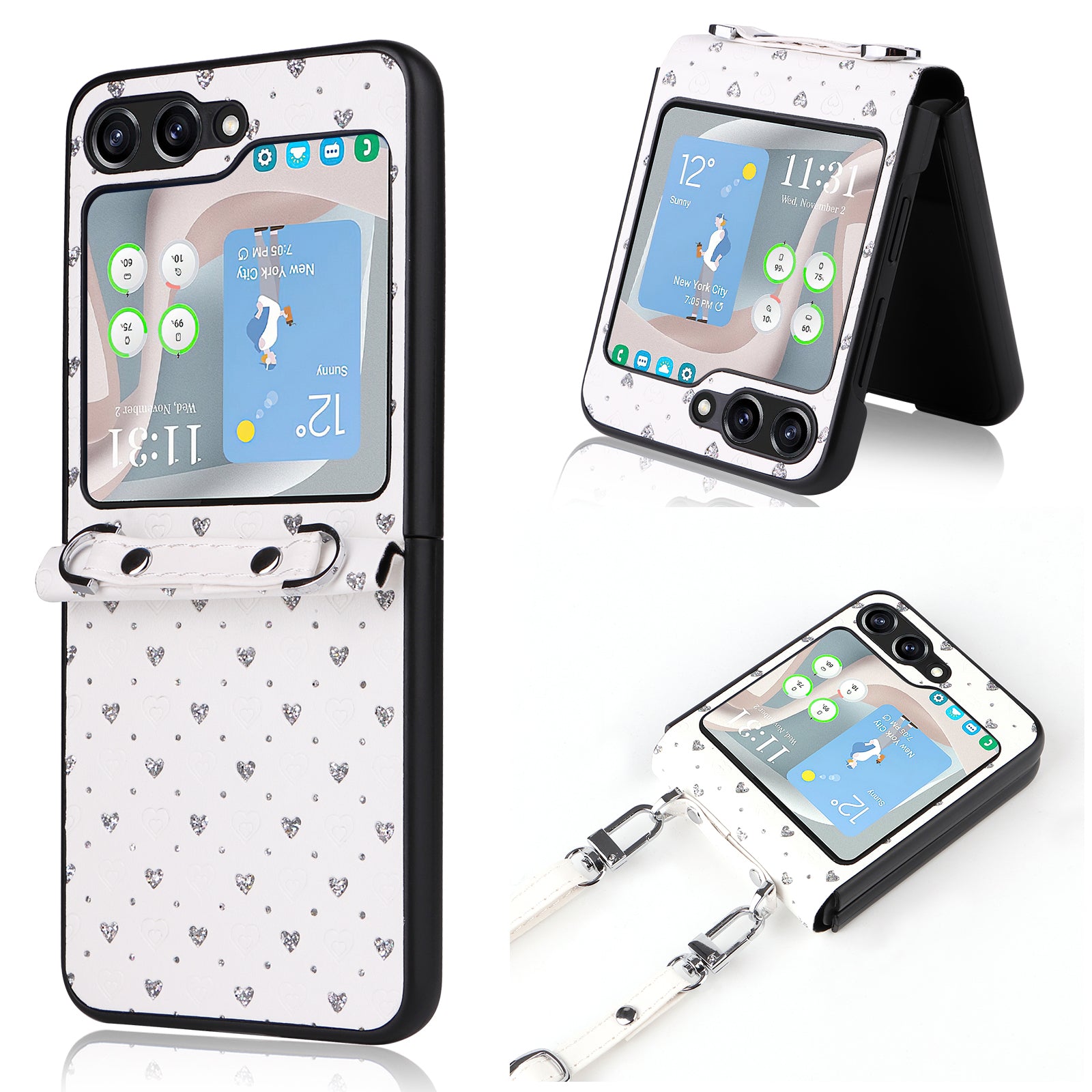 For Samsung Galaxy Z Flip5 5G Anti-Scratch PU PC Phone Case Multiple Heart Shapes Phone Cover with Strap