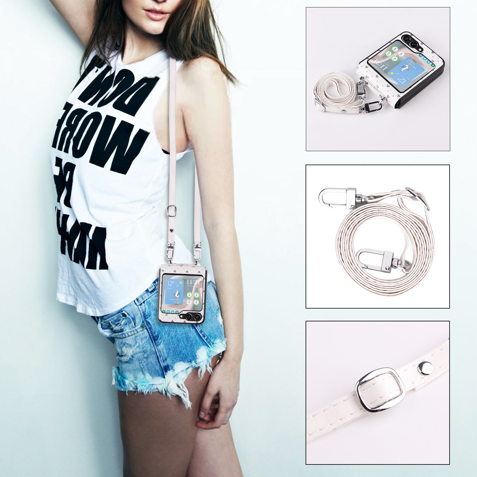 For Samsung Galaxy Z Flip5 5G Anti-Scratch PU PC Phone Case Multiple Heart Shapes Phone Cover with Strap