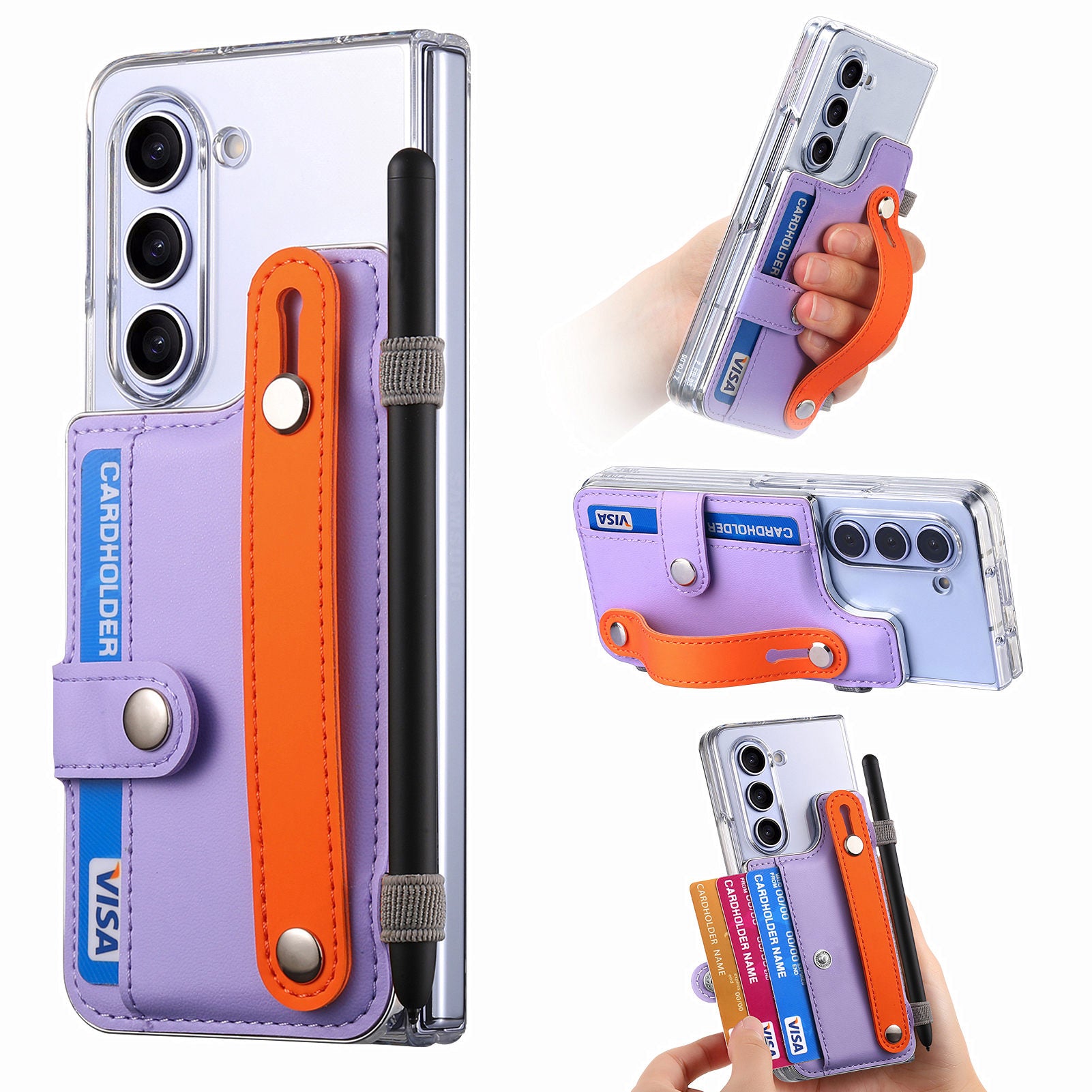 Pro Samsung Galaxy Z Fold5 5G PU průhledné pouzdro na telefon PC Náramek Kryt na telefon s držákem pera 