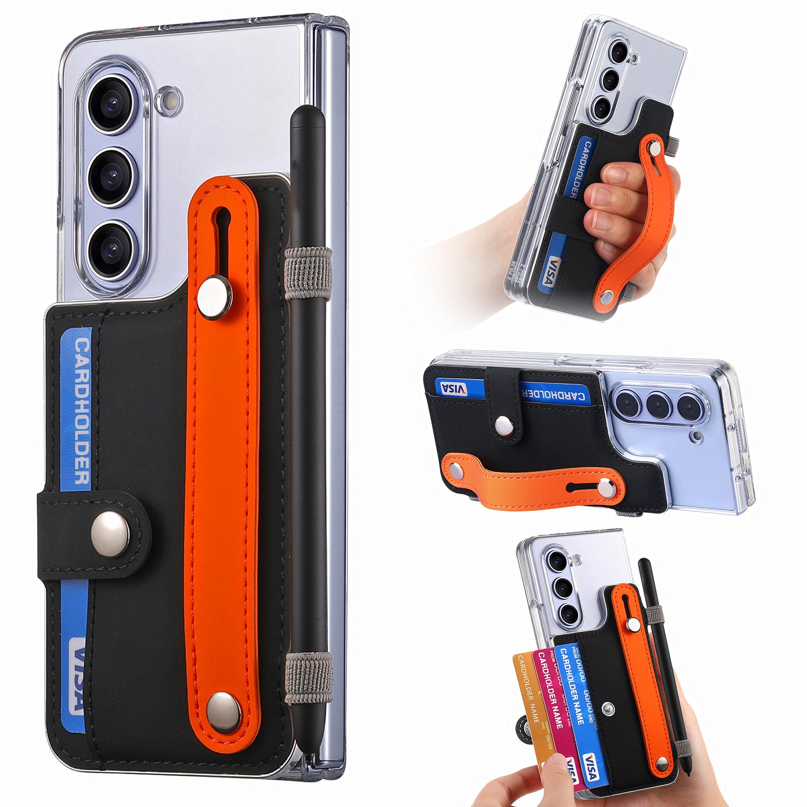 For Samsung Galaxy Z Fold5 5G PU Clear PC Phone Case Wristband Kickstand Phone Cover with Pen Holder