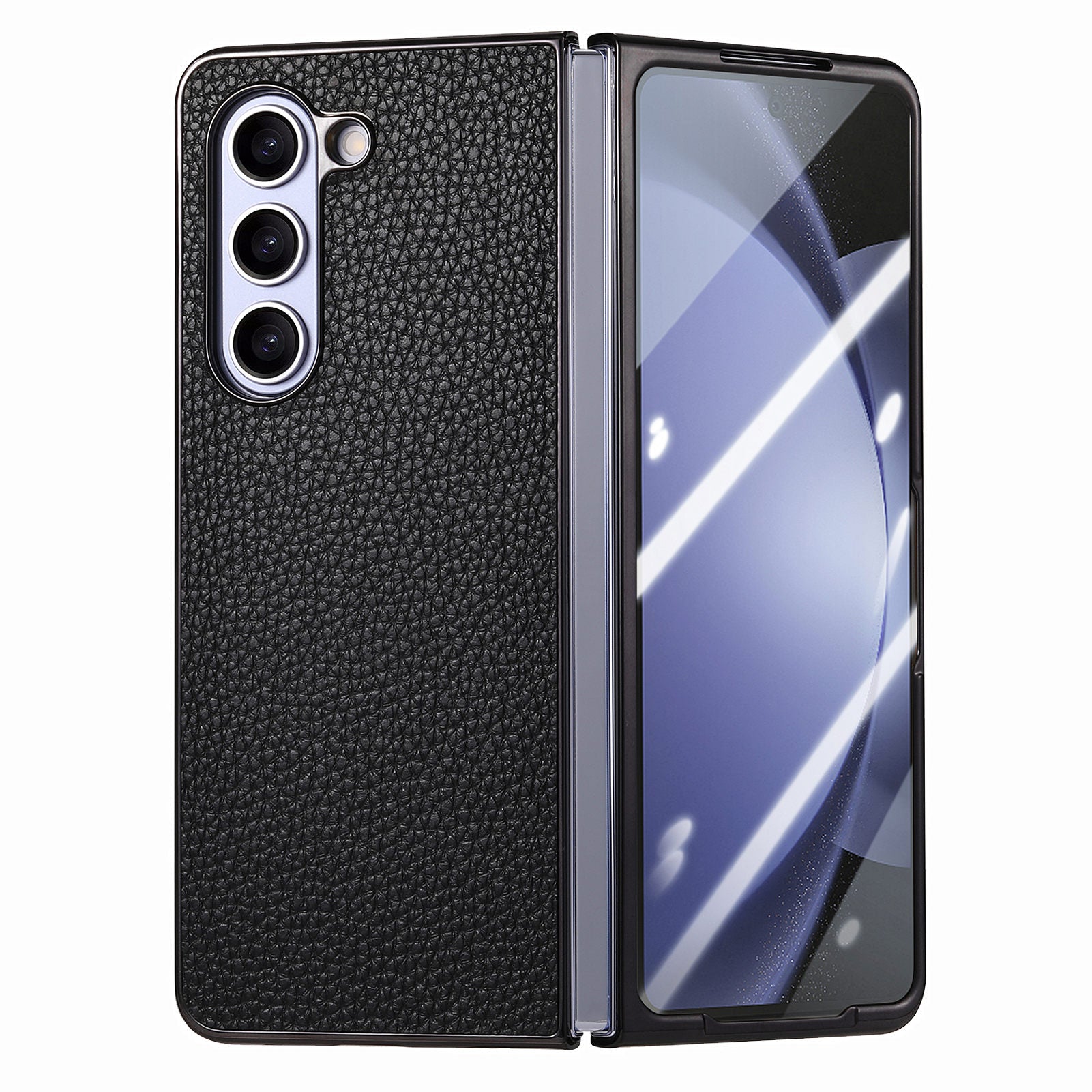 For Samsung Galaxy Z Fold5 5G Phone Case Litchi Texture PU Hard PC Phone Cover with Tempered Glass Film
