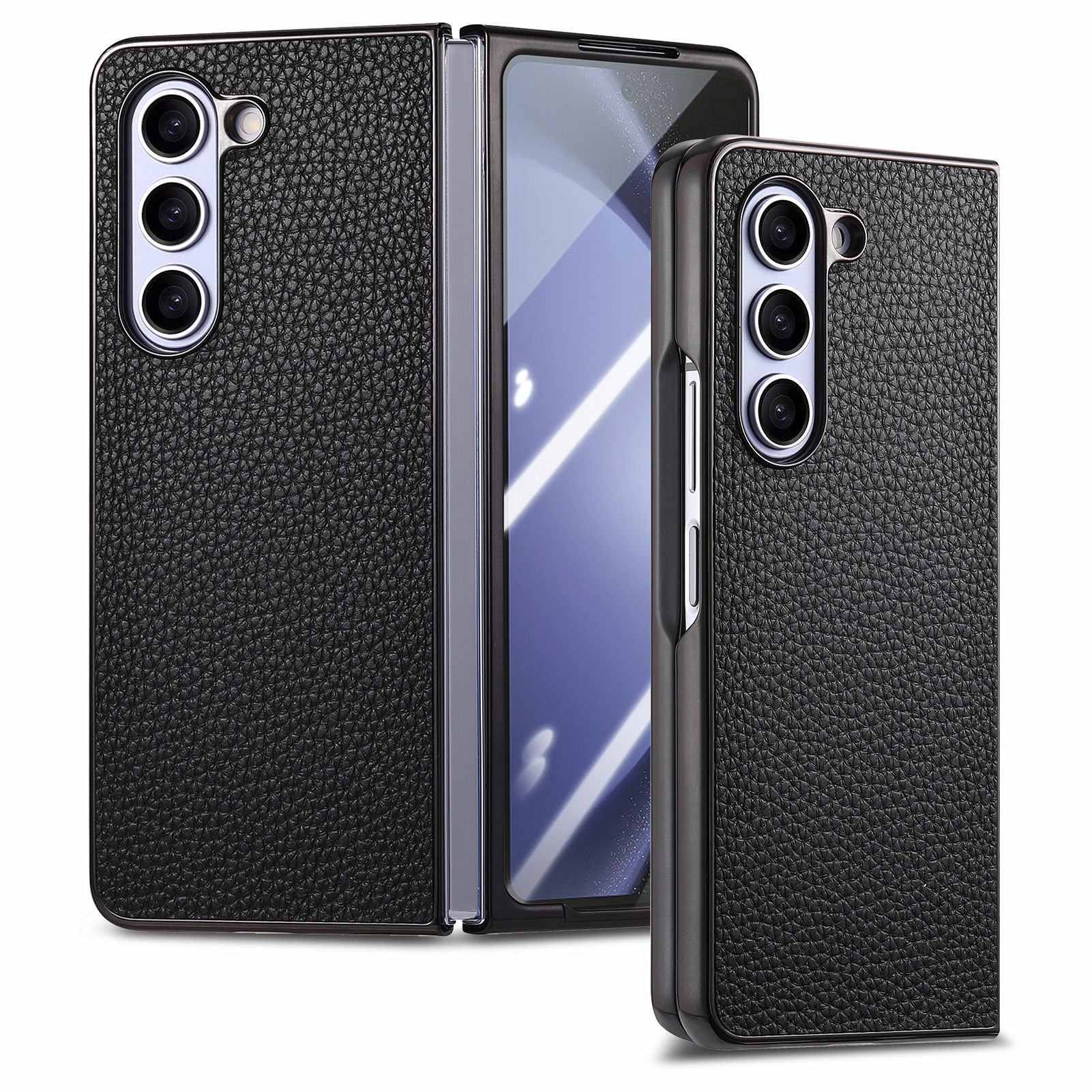 For Samsung Galaxy Z Fold5 5G Phone Case Litchi Texture PU Hard PC Phone Cover with Tempered Glass Film