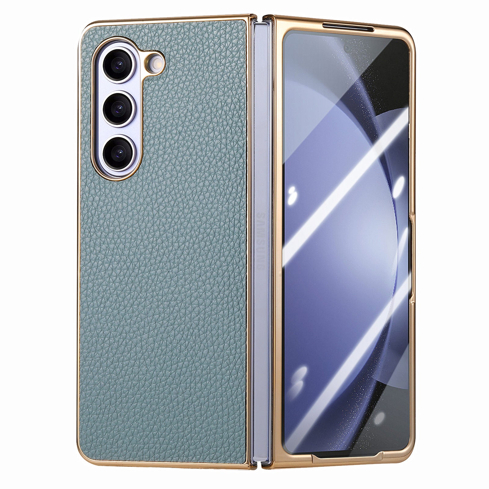 For Samsung Galaxy Z Fold5 5G Phone Case Litchi Texture PU Hard PC Phone Cover with Tempered Glass Film