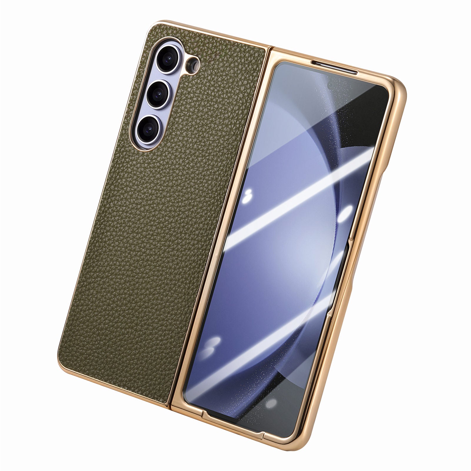 For Samsung Galaxy Z Fold5 5G Phone Case Litchi Texture PU Hard PC Phone Cover with Tempered Glass Film