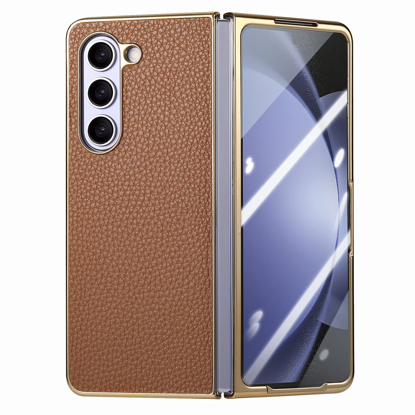 For Samsung Galaxy Z Fold5 5G Phone Case Litchi Texture PU Hard PC Phone Cover with Tempered Glass Film