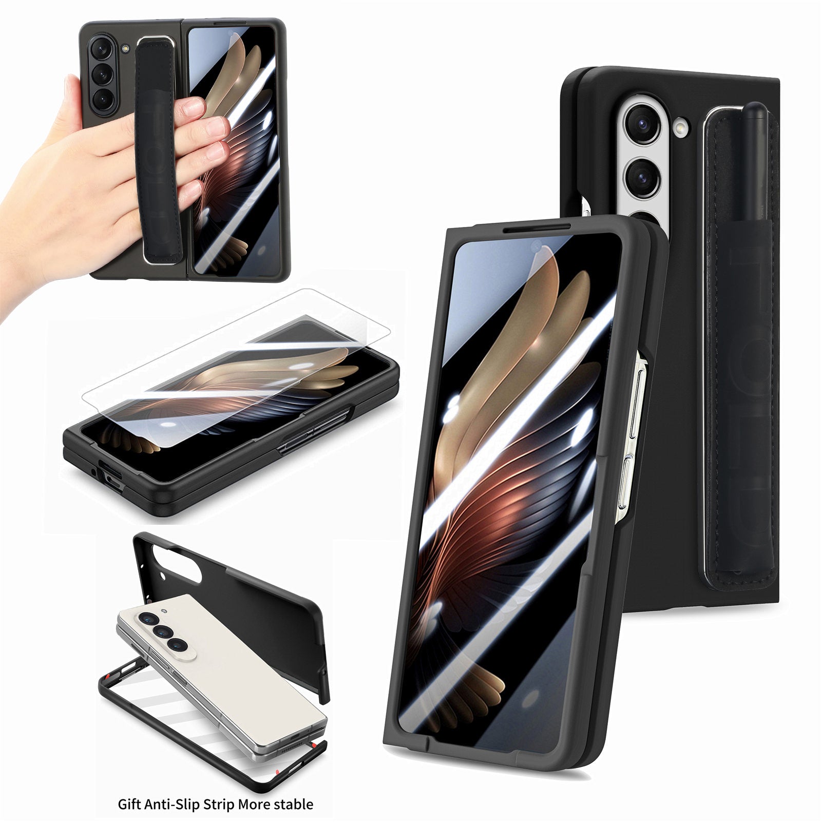For Samsung Galaxy Z Fold5 5G Hard PC Phone Case Built-In Tempered Glass Film Phone Cover with Pen Holder Wristband