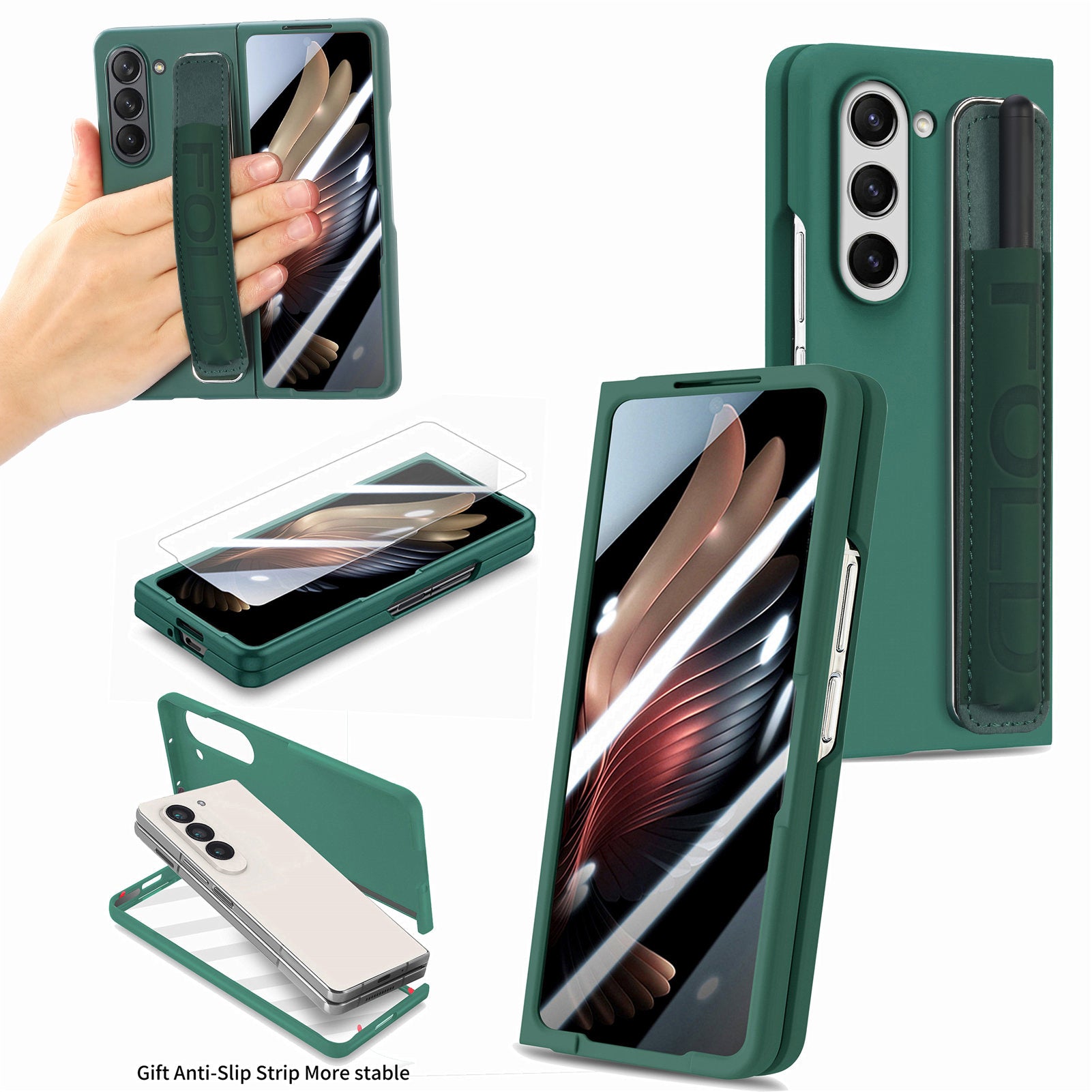 For Samsung Galaxy Z Fold5 5G Hard PC Phone Case Built-In Tempered Glass Film Phone Cover with Pen Holder Wristband