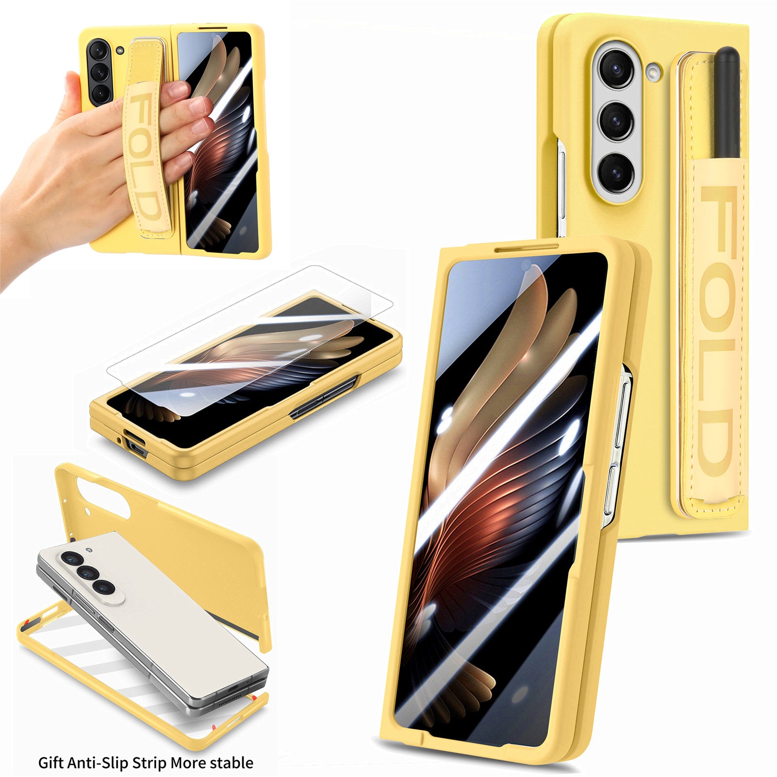 For Samsung Galaxy Z Fold5 5G Hard PC Phone Case Built-In Tempered Glass Film Phone Cover with Pen Holder Wristband