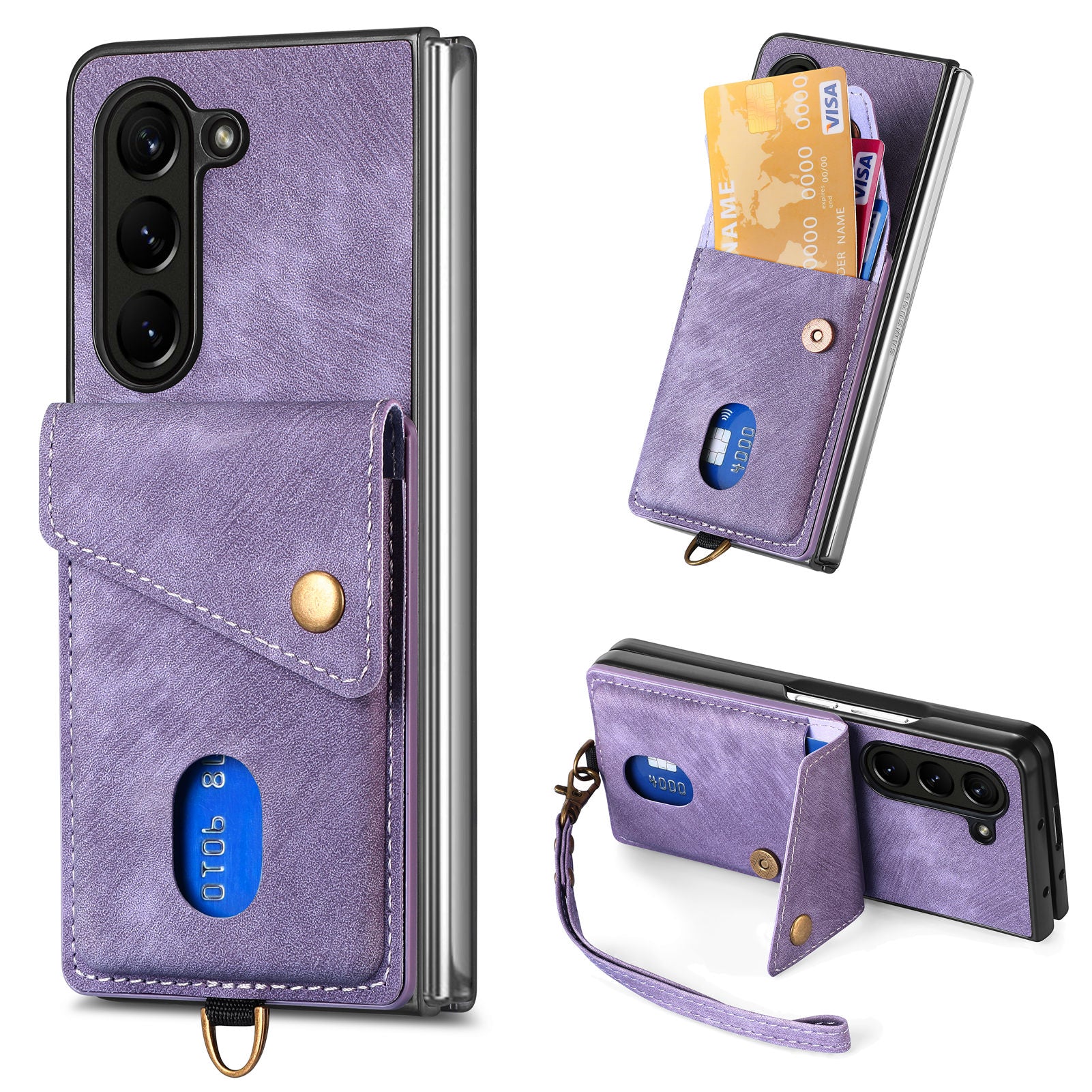 For Samsung Galaxy Z Fold5 5G Retro PU PC Phone Case Card Holder Kickstand Phone Cover with Wrist Strap