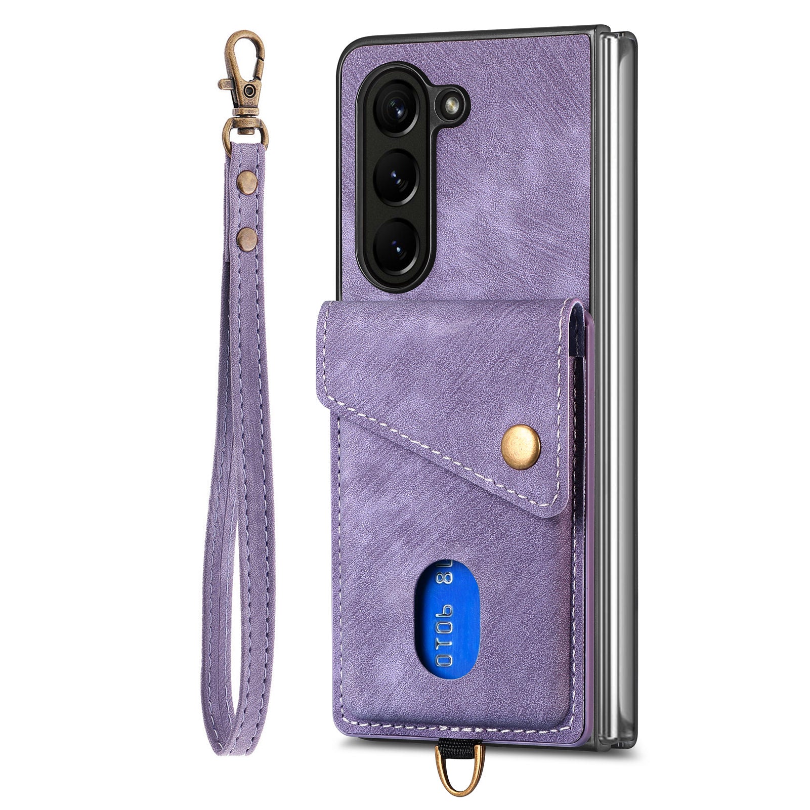 For Samsung Galaxy Z Fold5 5G Retro PU PC Phone Case Card Holder Kickstand Phone Cover with Wrist Strap