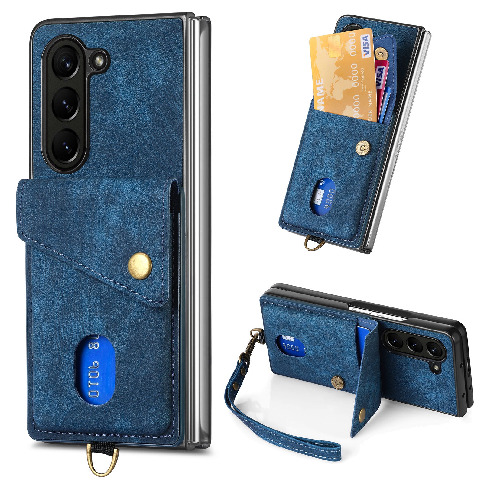 For Samsung Galaxy Z Fold5 5G Retro PU PC Phone Case Card Holder Kickstand Phone Cover with Wrist Strap
