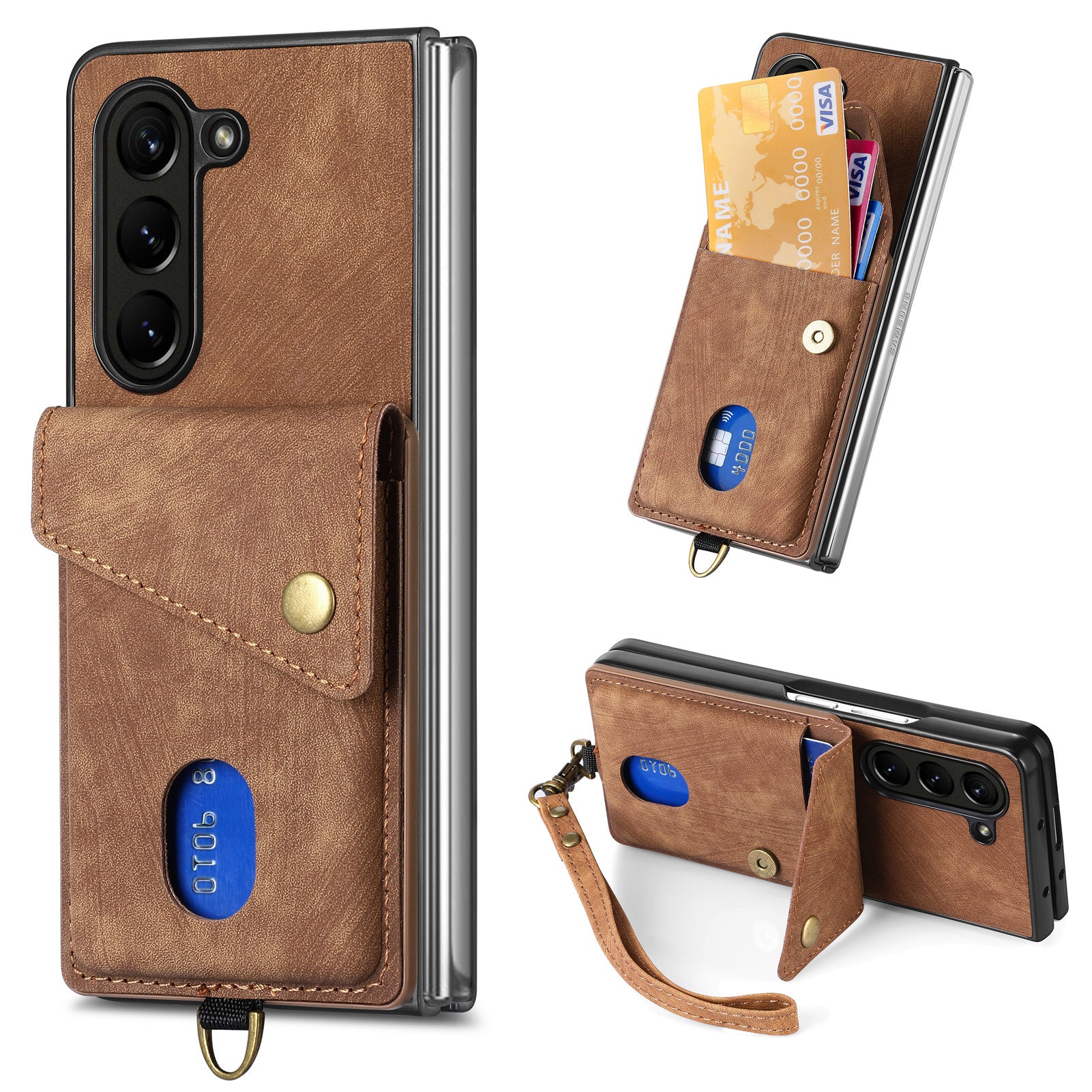 For Samsung Galaxy Z Fold5 5G Retro PU PC Phone Case Card Holder Kickstand Phone Cover with Wrist Strap