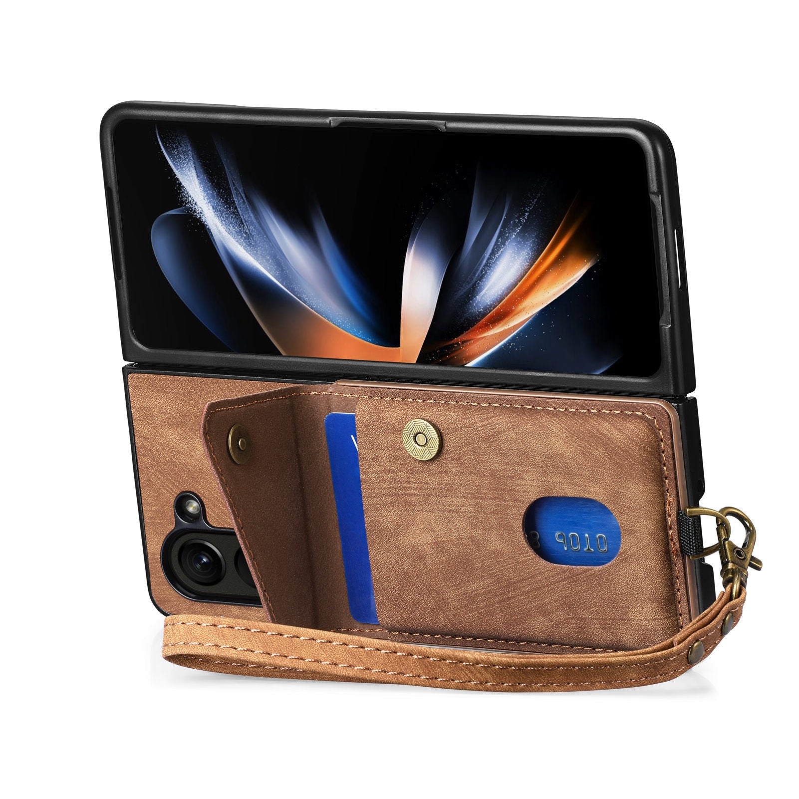 For Samsung Galaxy Z Fold5 5G Retro PU PC Phone Case Card Holder Kickstand Phone Cover with Wrist Strap