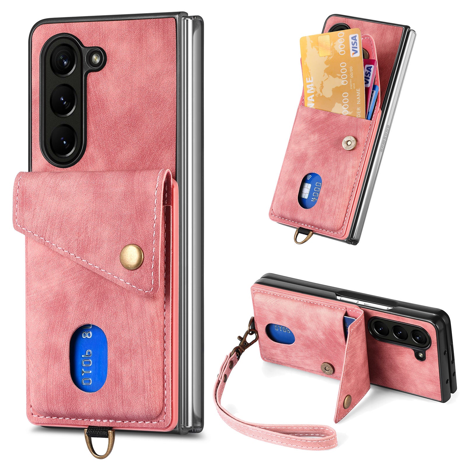 For Samsung Galaxy Z Fold5 5G Retro PU PC Phone Case Card Holder Kickstand Phone Cover with Wrist Strap
