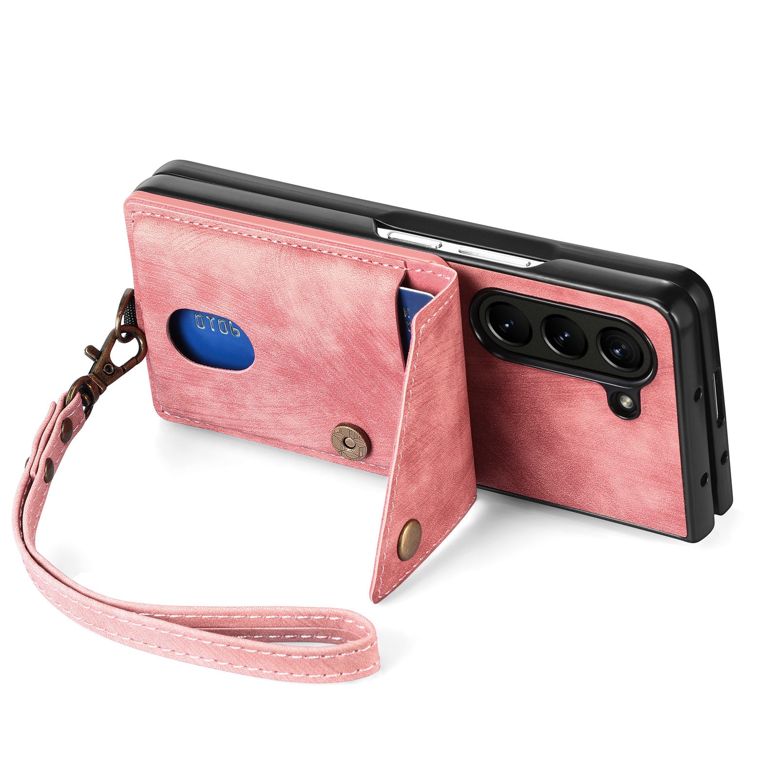 For Samsung Galaxy Z Fold5 5G Retro PU PC Phone Case Card Holder Kickstand Phone Cover with Wrist Strap