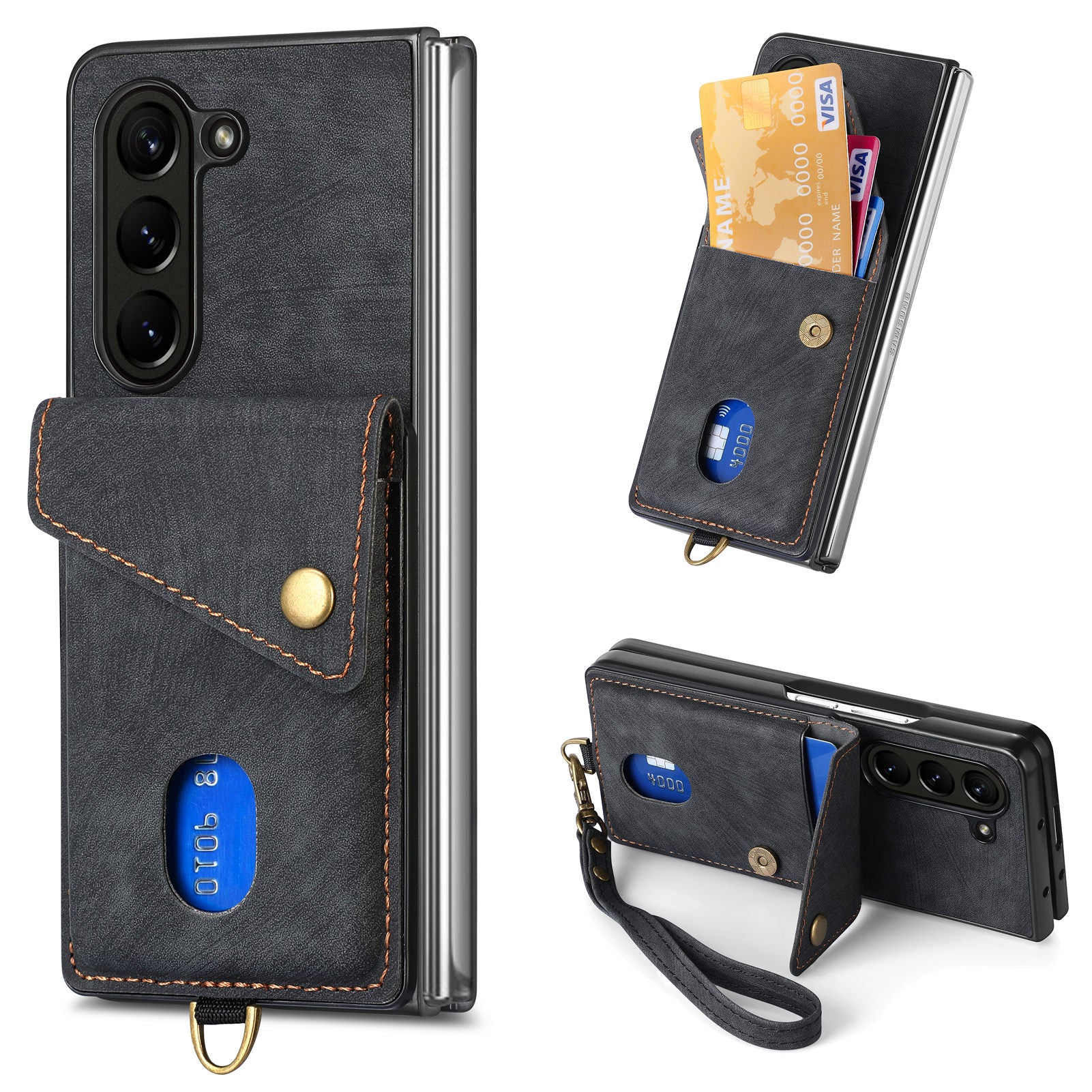 For Samsung Galaxy Z Fold5 5G Retro PU PC Phone Case Card Holder Kickstand Phone Cover with Wrist Strap