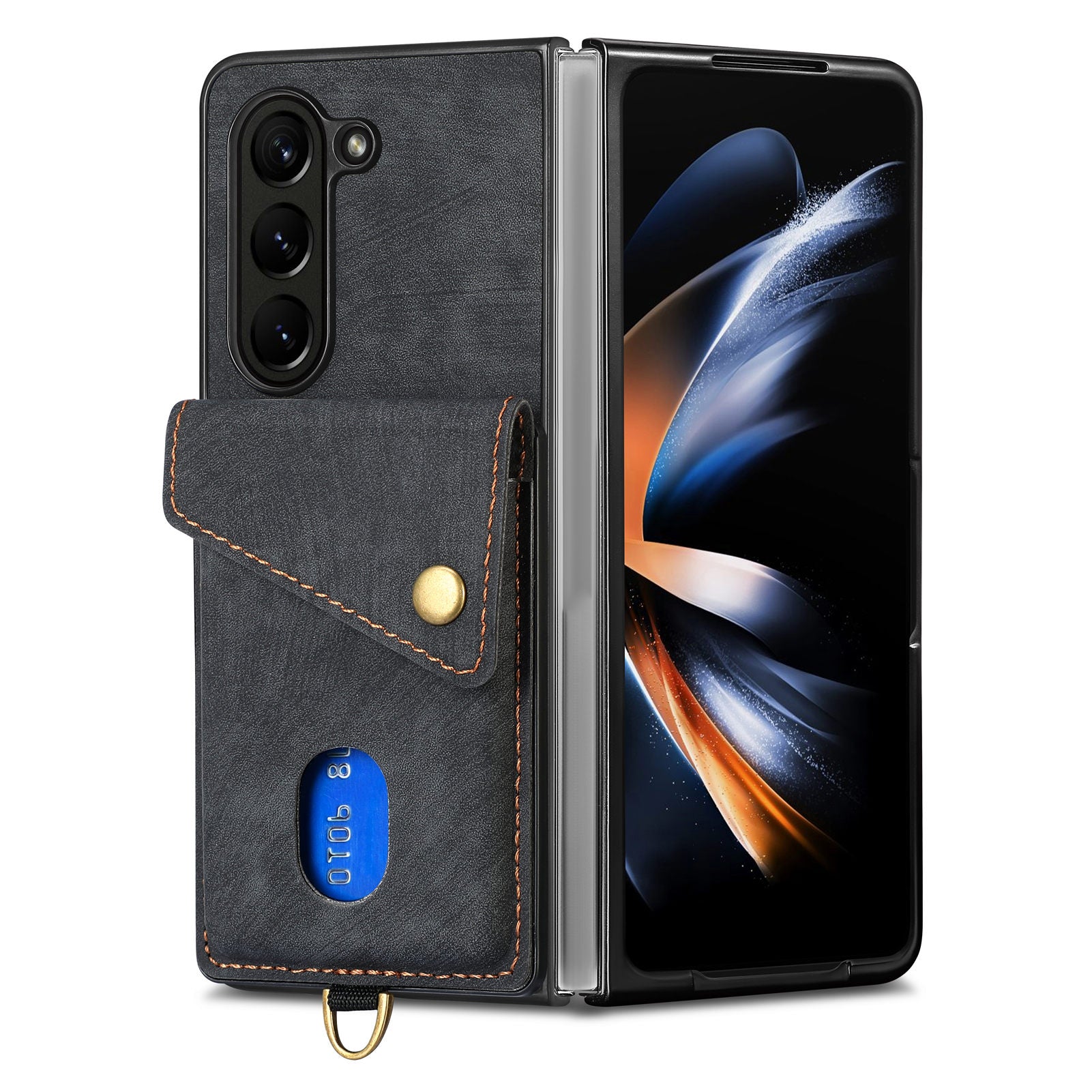 For Samsung Galaxy Z Fold5 5G Retro PU PC Phone Case Card Holder Kickstand Phone Cover with Wrist Strap
