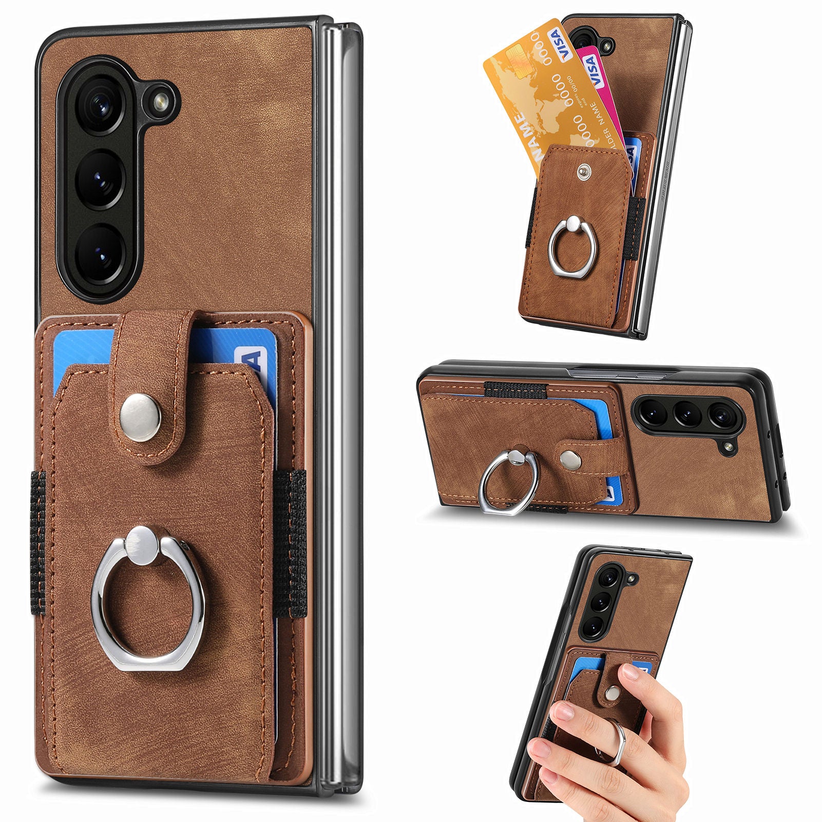 Card Holder Phone Case for Samsung Galaxy Z Fold5 5G Retro PU PC Rotating Ring Kickstand Phone Protector