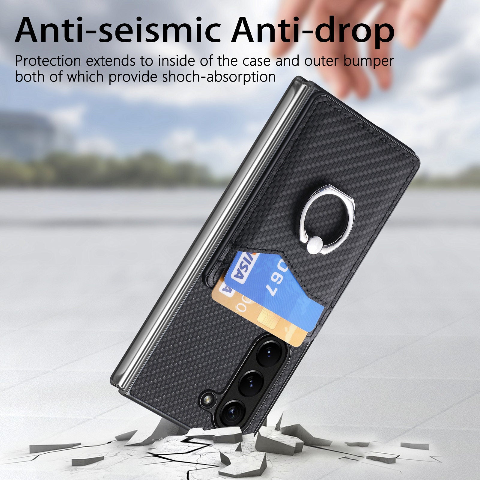 Ring Kickstand Cover for Samsung Galaxy Z Fold5 5G Carbon Fiber Texture Leather Coated PC Card Holder Phone Case