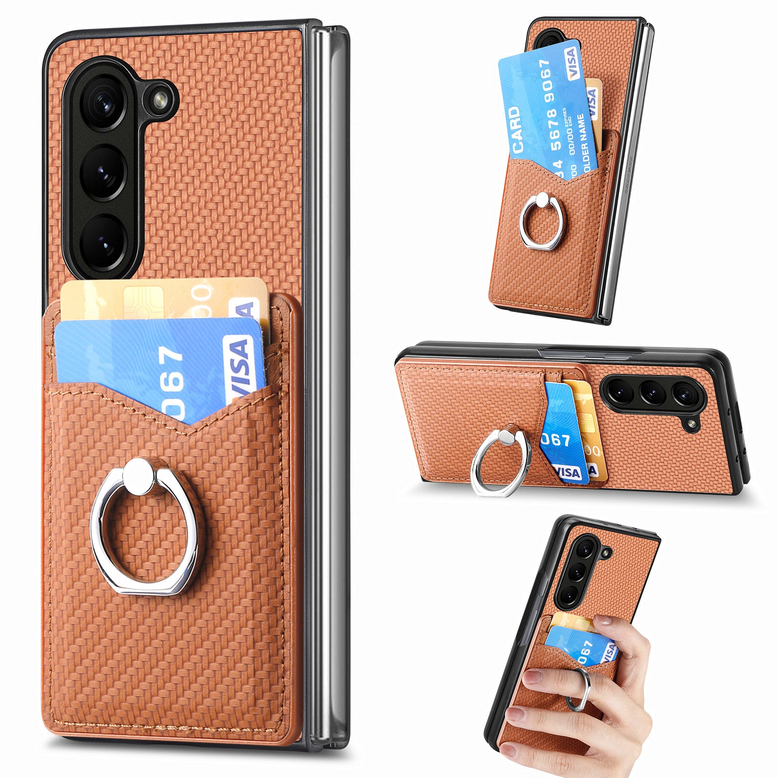 Ring Kickstand Cover for Samsung Galaxy Z Fold5 5G Carbon Fiber Texture Leather Coated PC Card Holder Phone Case