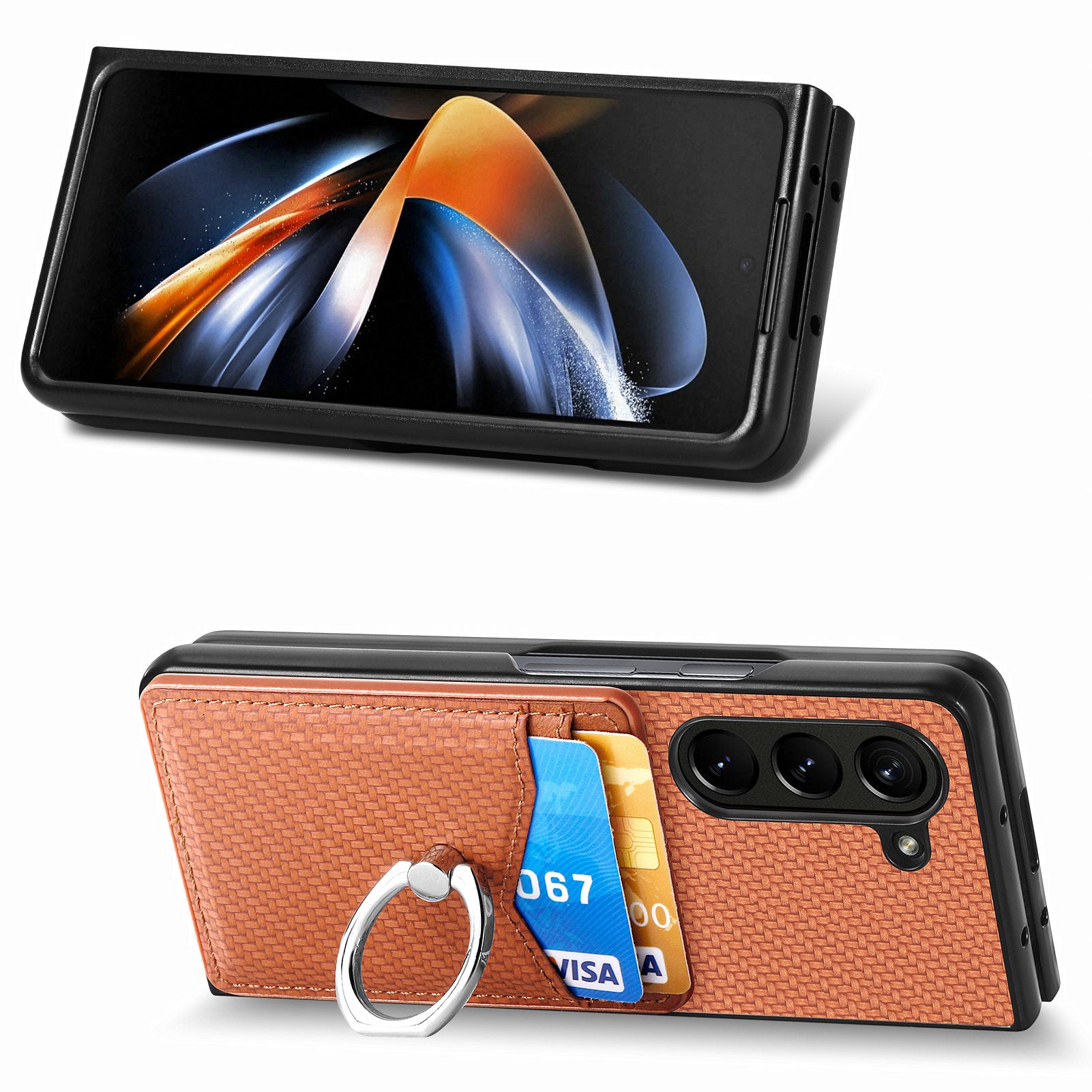 Ring Kickstand Cover for Samsung Galaxy Z Fold5 5G Carbon Fiber Texture Leather Coated PC Card Holder Phone Case