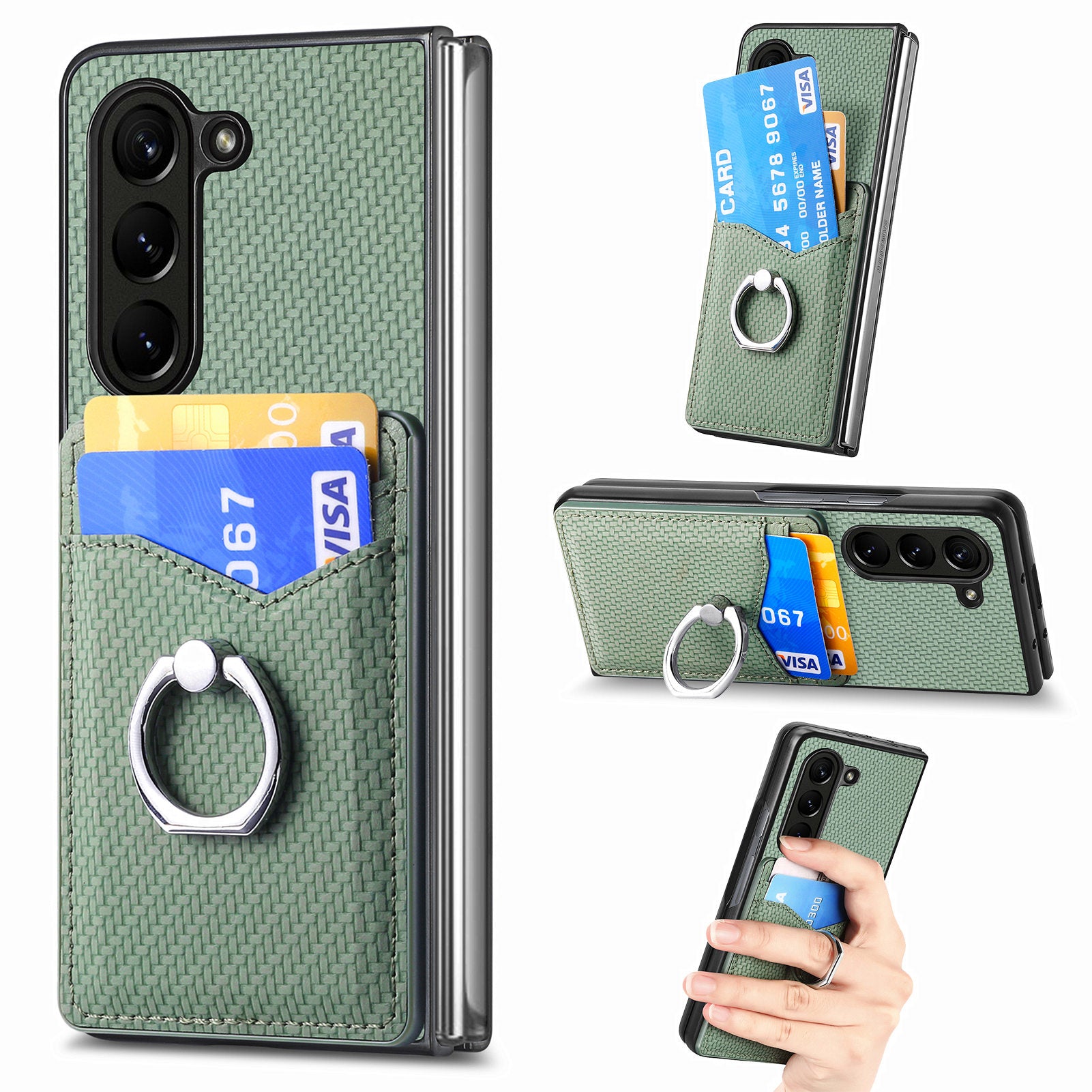Ring Kickstand Cover for Samsung Galaxy Z Fold5 5G Carbon Fiber Texture Leather Coated PC Card Holder Phone Case