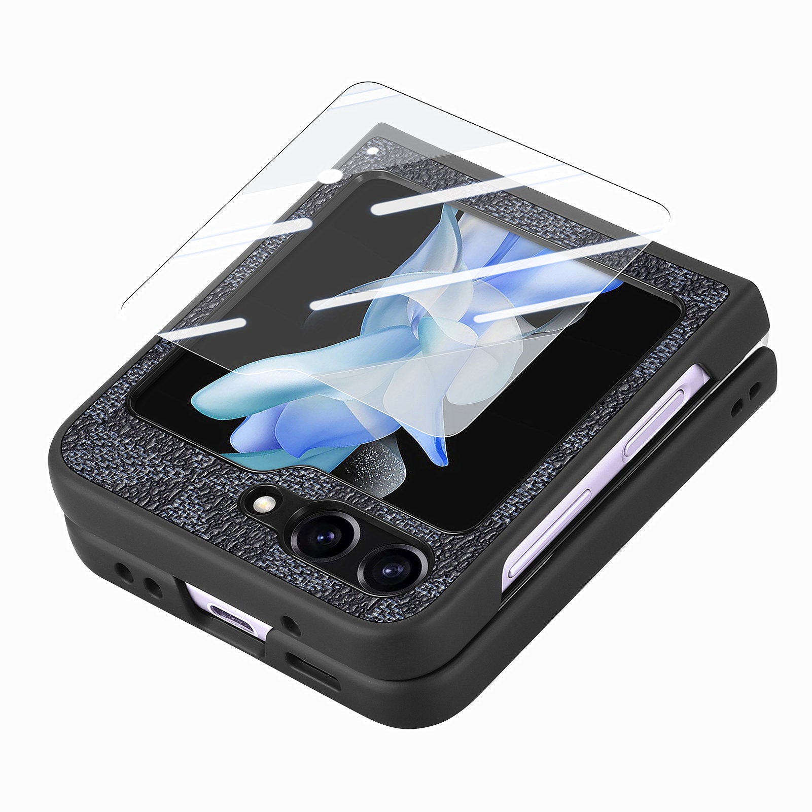 For Samsung Galaxy Z Flip5 5G Rhombus Texture Folding Phone Case Leather PC Cover with Tempered Glass Rear Screen Film