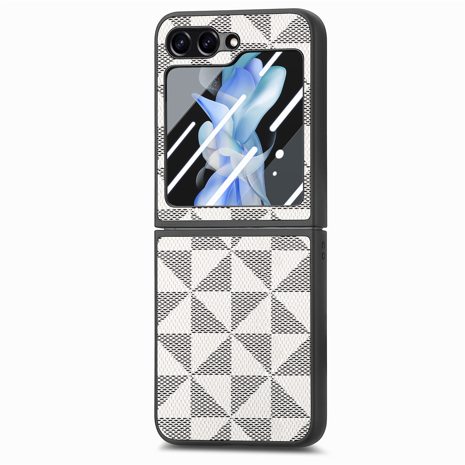 For Samsung Galaxy Z Flip5 5G Rhombus Texture Folding Phone Case Leather PC Cover with Tempered Glass Rear Screen Film