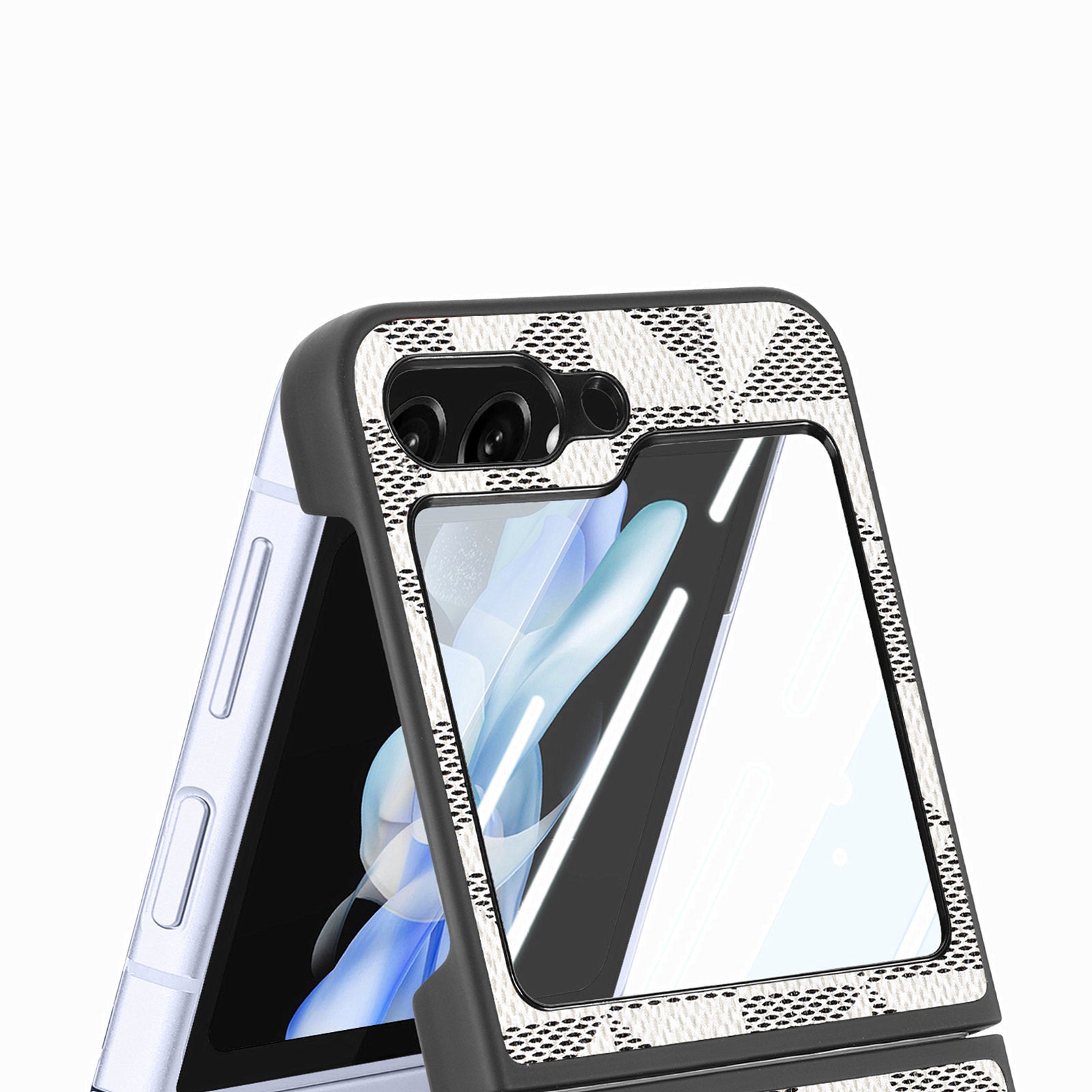 For Samsung Galaxy Z Flip5 5G Rhombus Texture Folding Phone Case Leather PC Cover with Tempered Glass Rear Screen Film