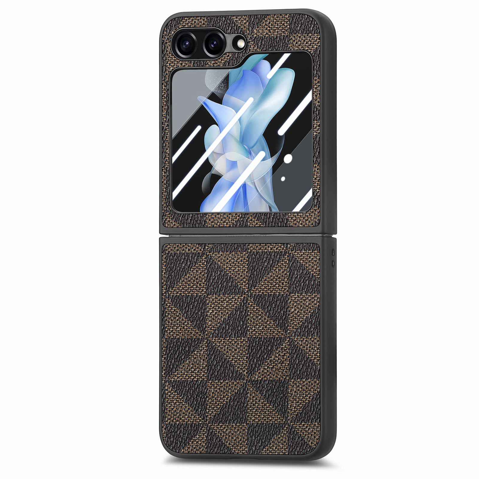For Samsung Galaxy Z Flip5 5G Rhombus Texture Folding Phone Case Leather PC Cover with Tempered Glass Rear Screen Film