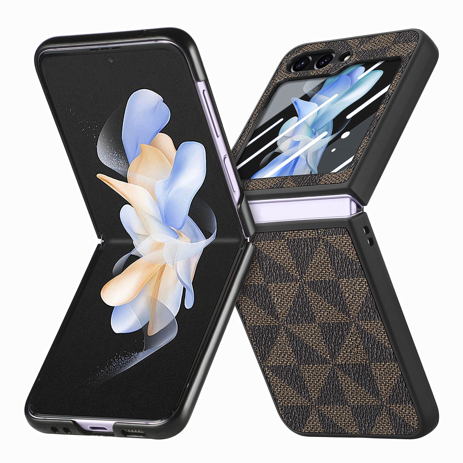 For Samsung Galaxy Z Flip5 5G Rhombus Texture Folding Phone Case Leather PC Cover with Tempered Glass Rear Screen Film