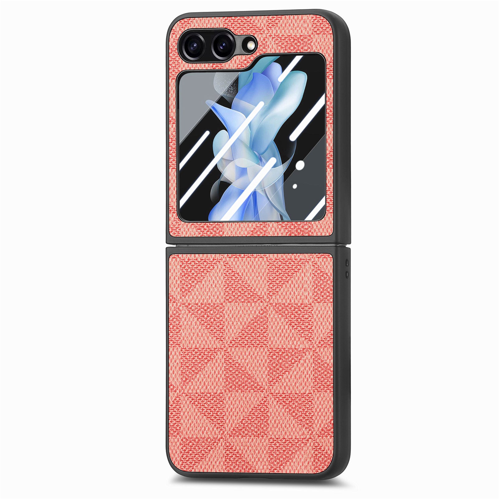 For Samsung Galaxy Z Flip5 5G Rhombus Texture Folding Phone Case Leather PC Cover with Tempered Glass Rear Screen Film