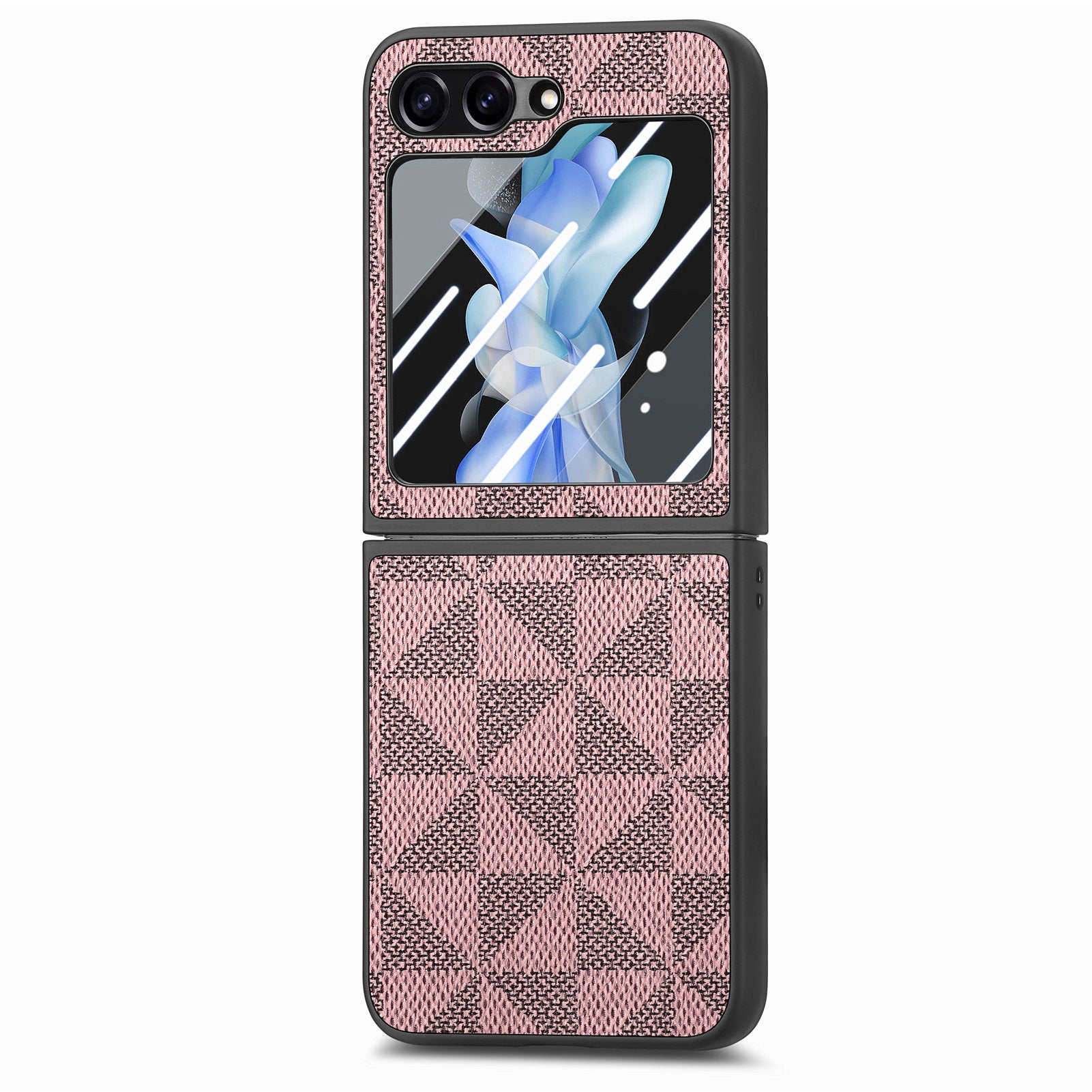 For Samsung Galaxy Z Flip5 5G Rhombus Texture Folding Phone Case Leather PC Cover with Tempered Glass Rear Screen Film