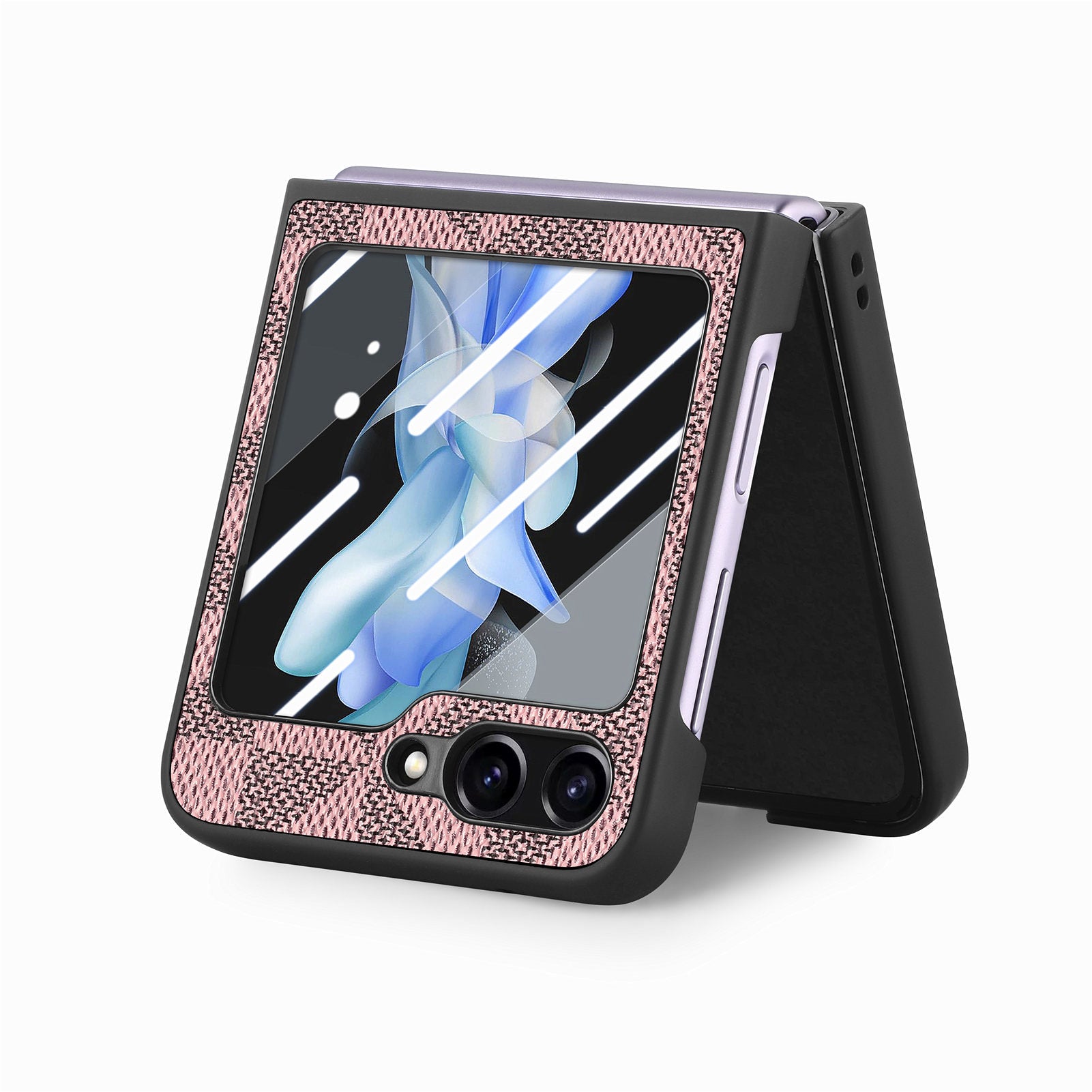 For Samsung Galaxy Z Flip5 5G Rhombus Texture Folding Phone Case Leather PC Cover with Tempered Glass Rear Screen Film