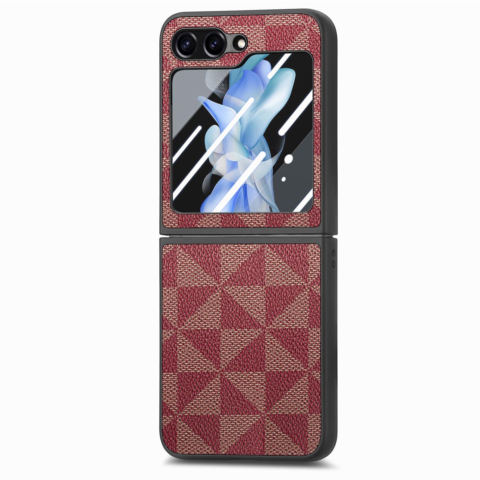 For Samsung Galaxy Z Flip5 5G Rhombus Texture Folding Phone Case Leather PC Cover with Tempered Glass Rear Screen Film