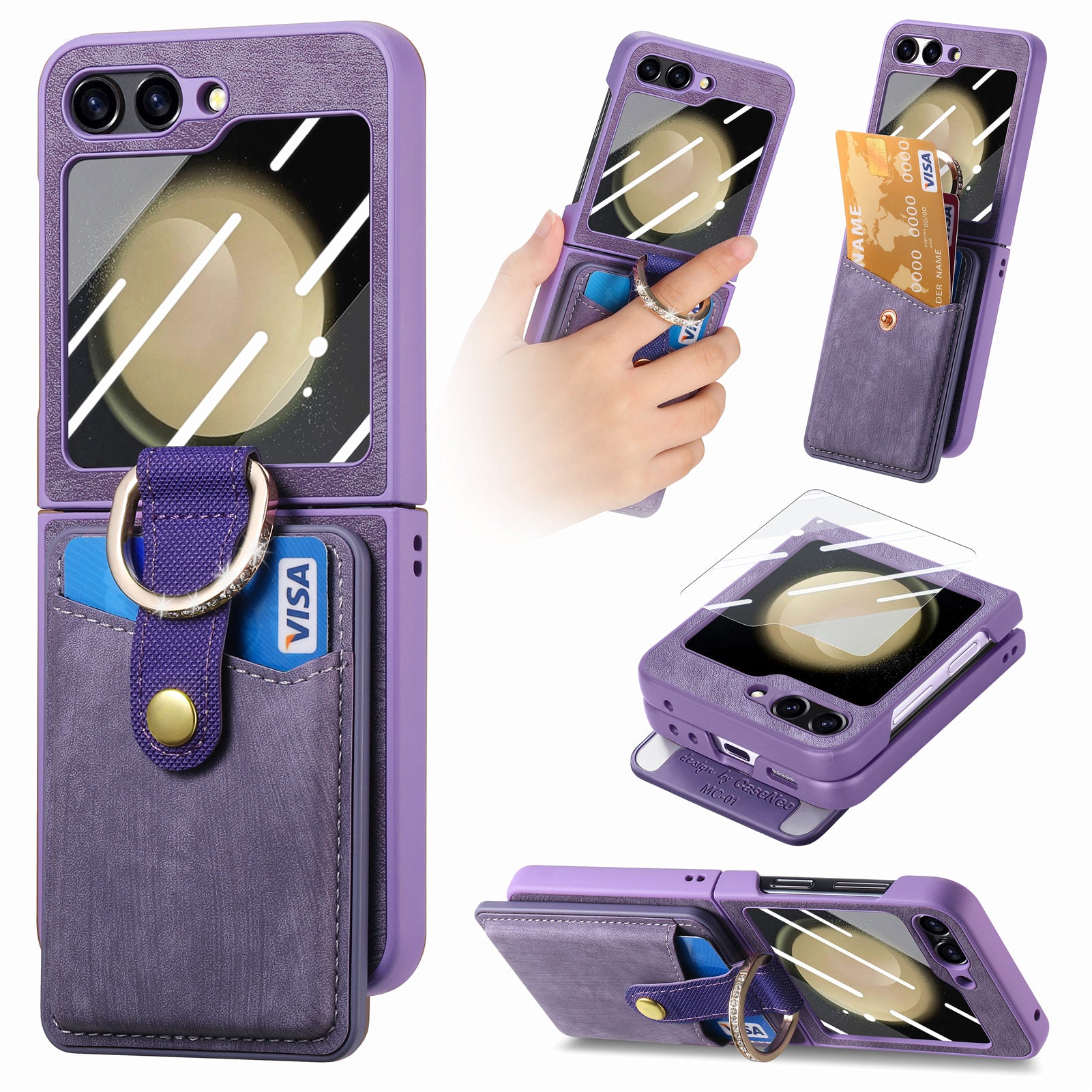 For Samsung Galaxy Z Flip5 5G Kickstand Magnetic Case Detachable Card Holder Phone Cover with Tempered Glass Rear Screen Film