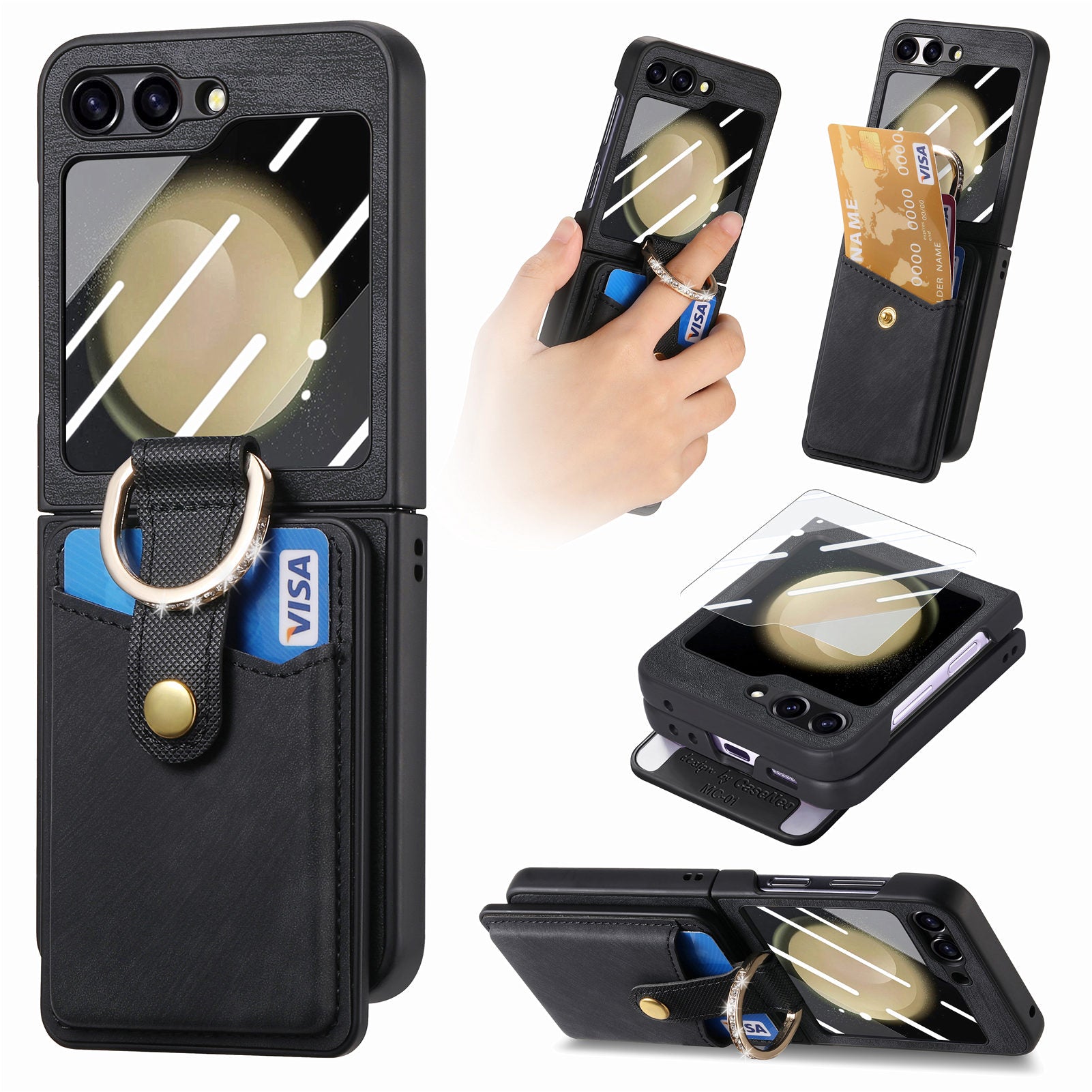 For Samsung Galaxy Z Flip5 5G Kickstand Magnetic Case Detachable Card Holder Phone Cover with Tempered Glass Rear Screen Film