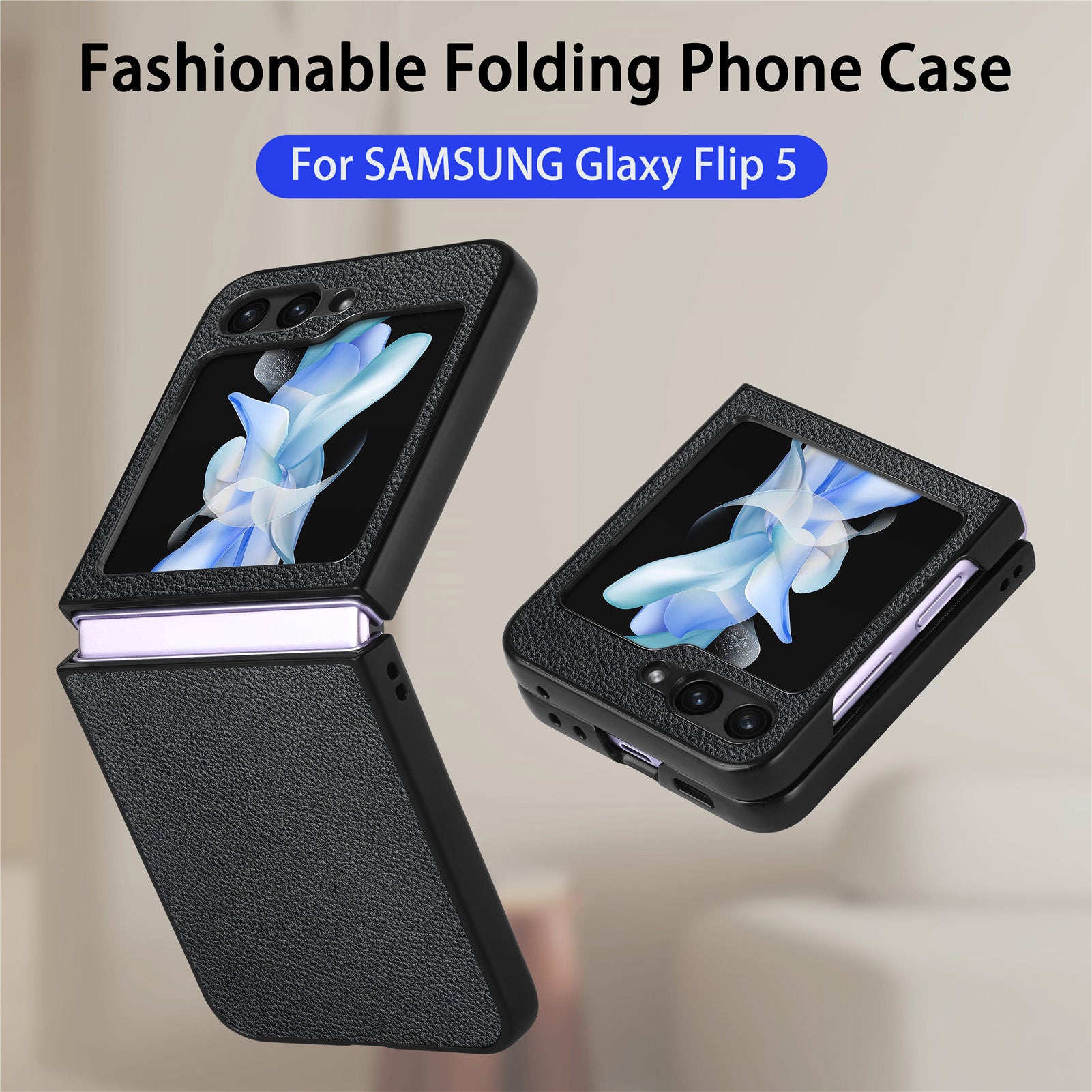 For Samsung Galaxy Z Flip5 5G Litchi Texture Folding Phone Case Solid Color PU Leather Coated PC Cover