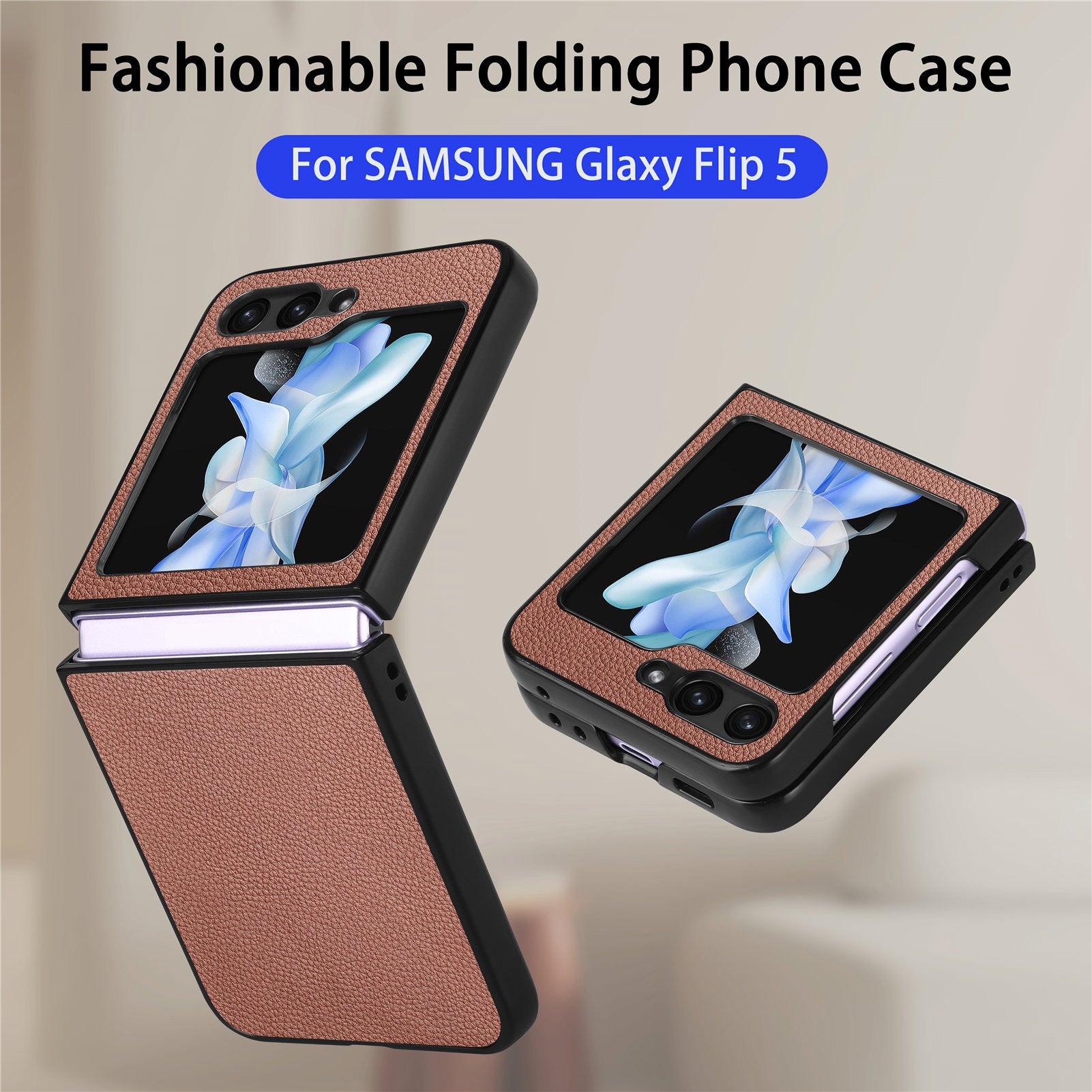 For Samsung Galaxy Z Flip5 5G Litchi Texture Folding Phone Case Solid Color PU Leather Coated PC Cover