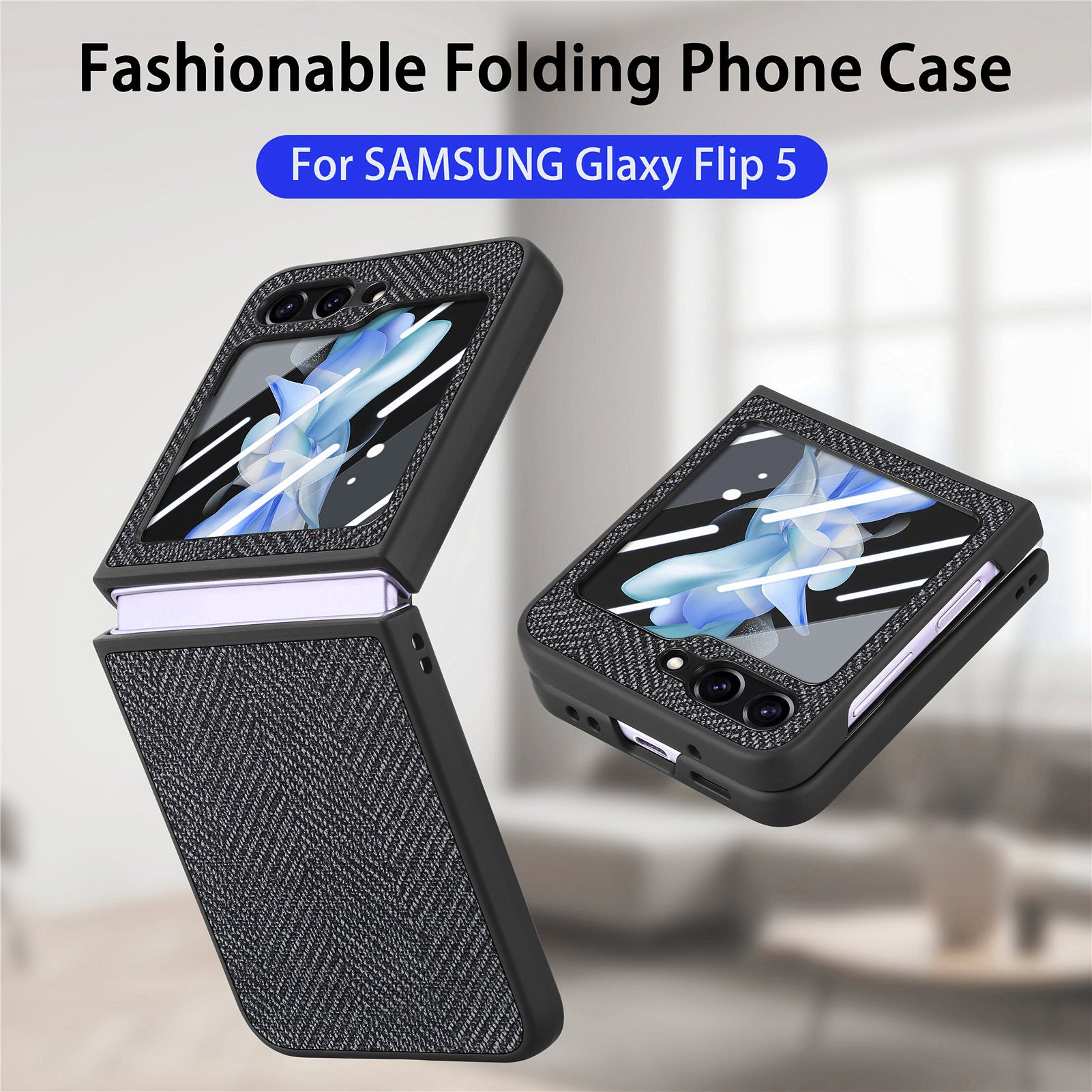 For Samsung Galaxy Z Flip5 5G Leather PC Phone Case Jeans Cloth Texture Phone Cover with Tempered Glass Rear Screen Film
