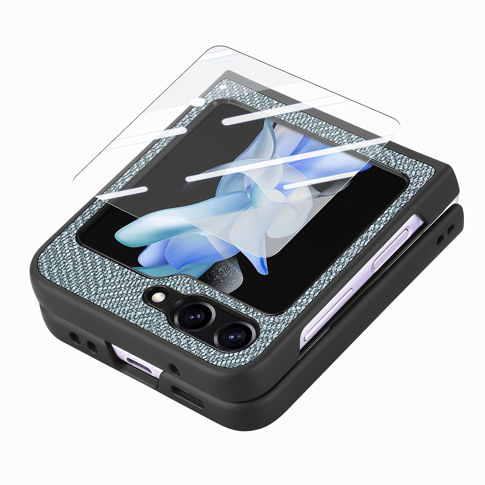 For Samsung Galaxy Z Flip5 5G Leather PC Phone Case Jeans Cloth Texture Phone Cover with Tempered Glass Rear Screen Film