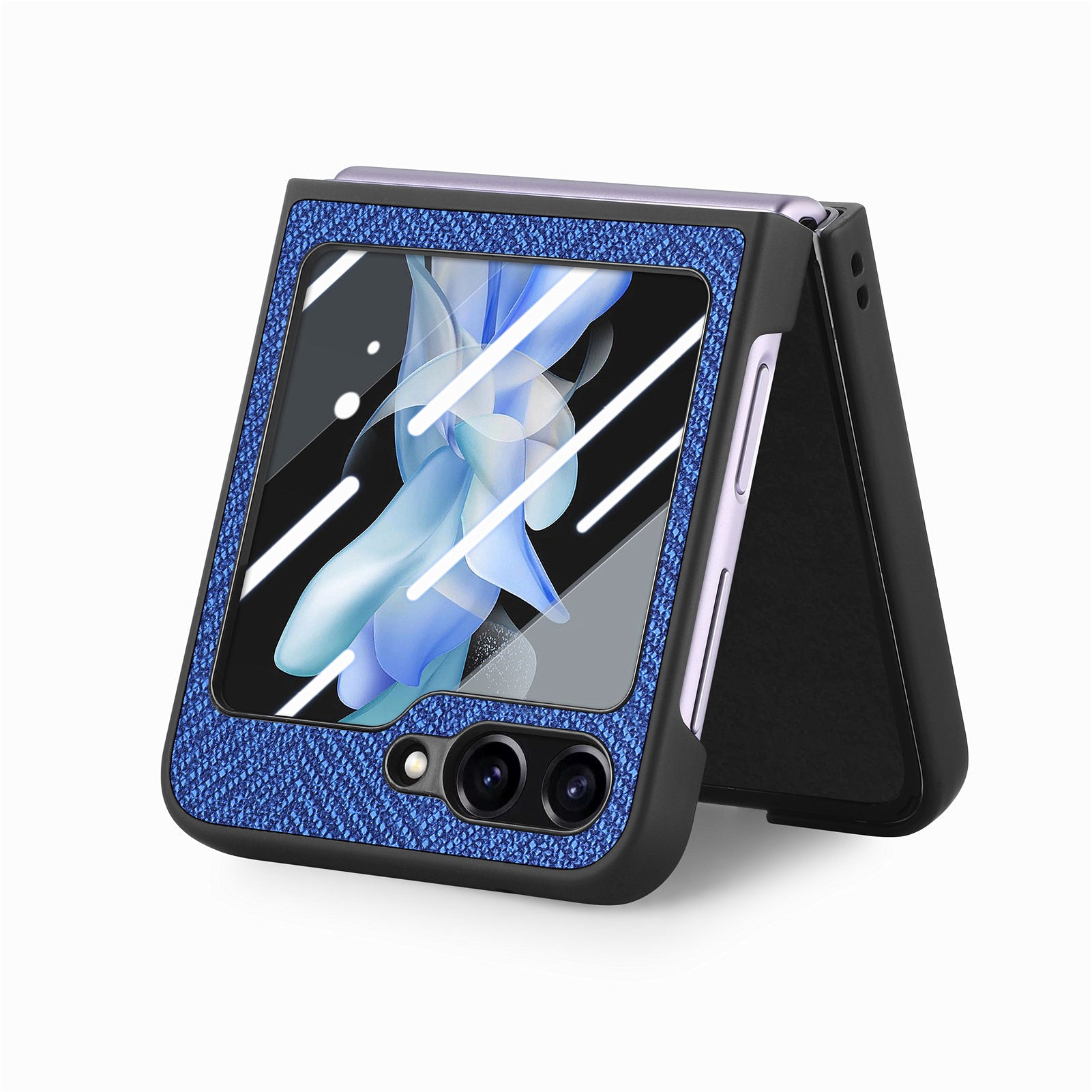 For Samsung Galaxy Z Flip5 5G Leather PC Phone Case Jeans Cloth Texture Phone Cover with Tempered Glass Rear Screen Film