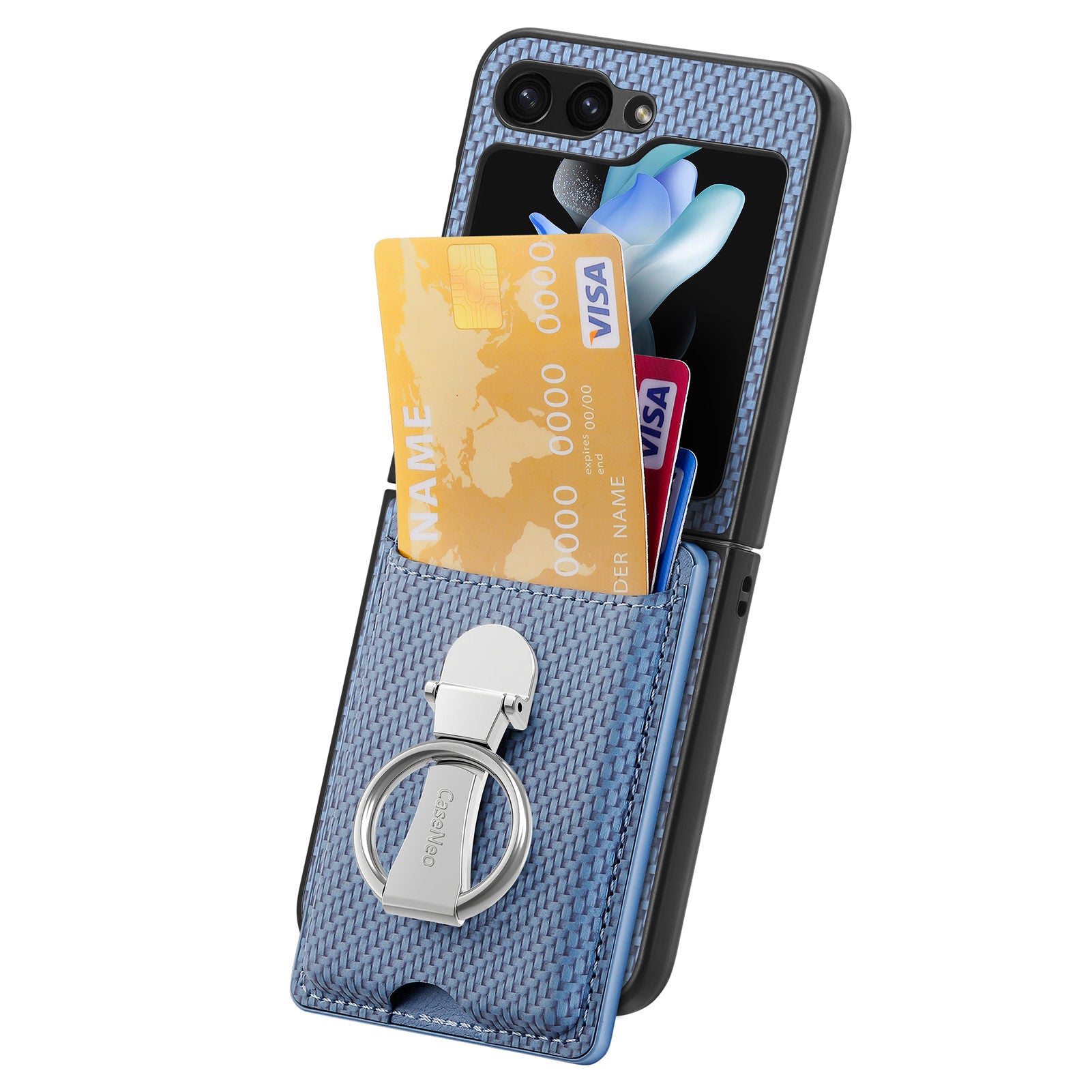 For Samsung Galaxy Z Flip5 5G Rotary Ring Kickstand Phone Case Carbon Fiber Texture Card Holder Leather PC Cover