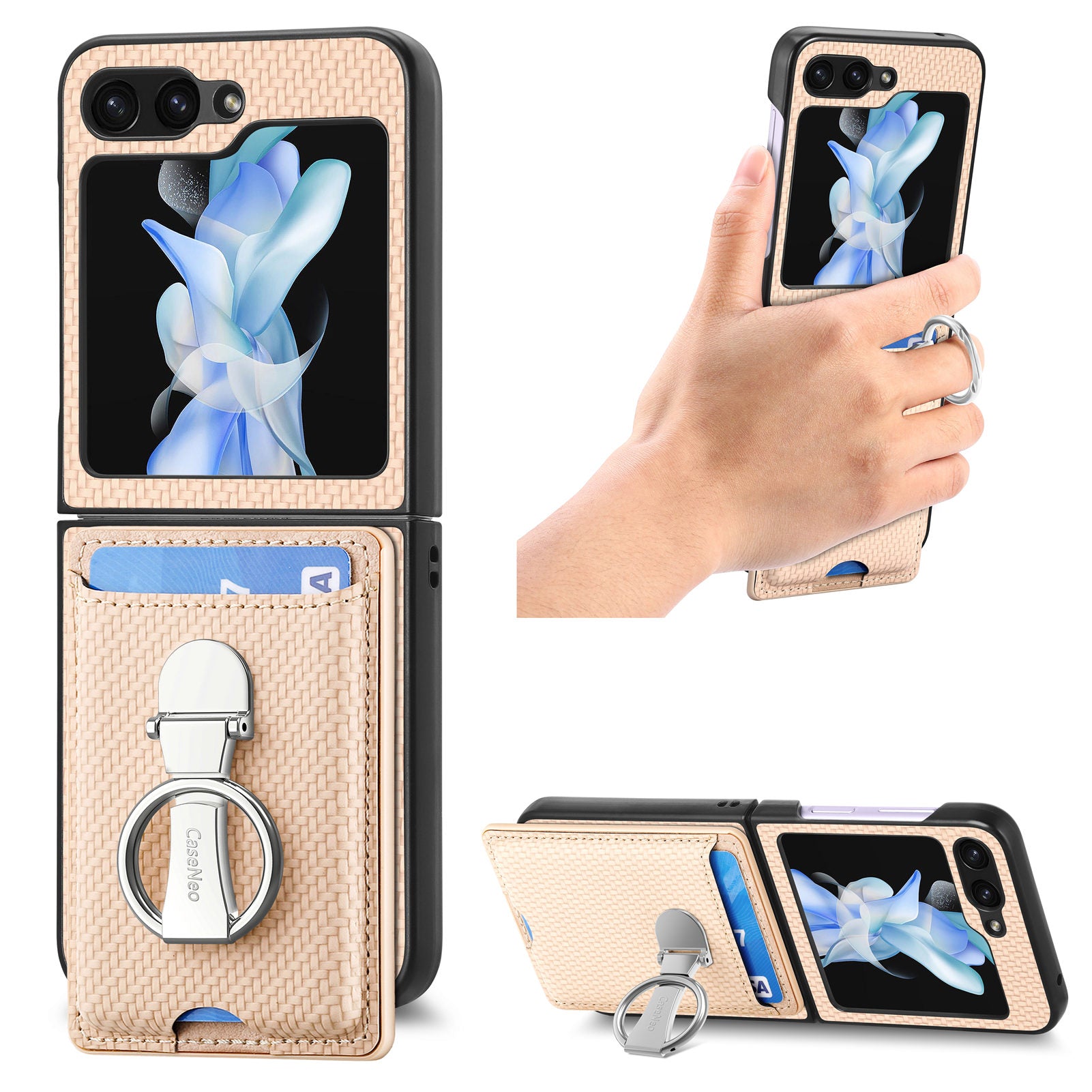 For Samsung Galaxy Z Flip5 5G Rotary Ring Kickstand Phone Case Carbon Fiber Texture Card Holder Leather PC Cover