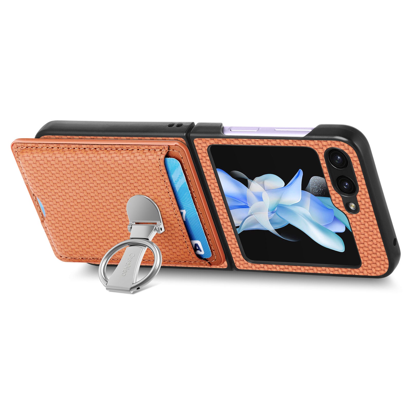 For Samsung Galaxy Z Flip5 5G Rotary Ring Kickstand Phone Case Carbon Fiber Texture Card Holder Leather PC Cover